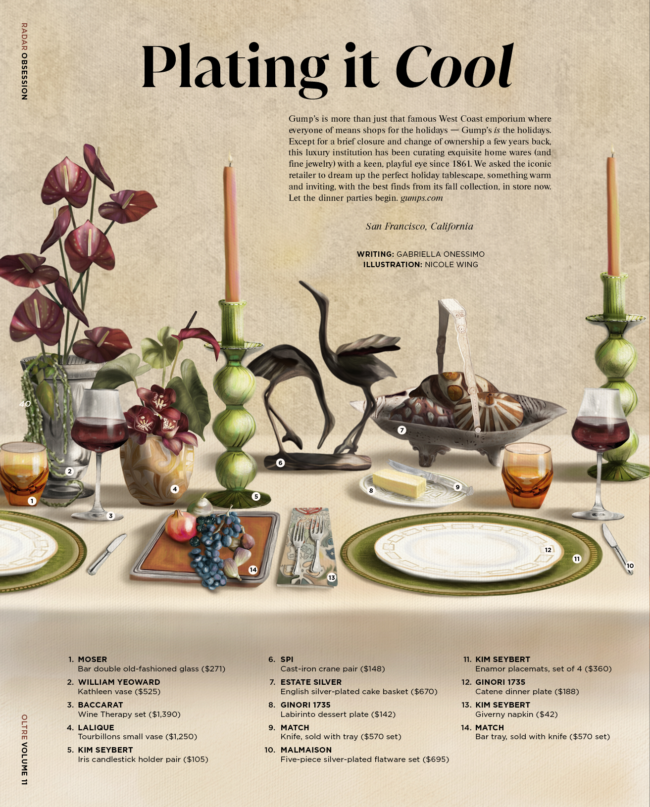 A table setting with various decorative items: red and purple orchids in vases, candles in green candleholders, a black crane sculpture, a cake basket, and glassware with drinks. There are also plates, utensils, and a tray of grapes, apples, and berr