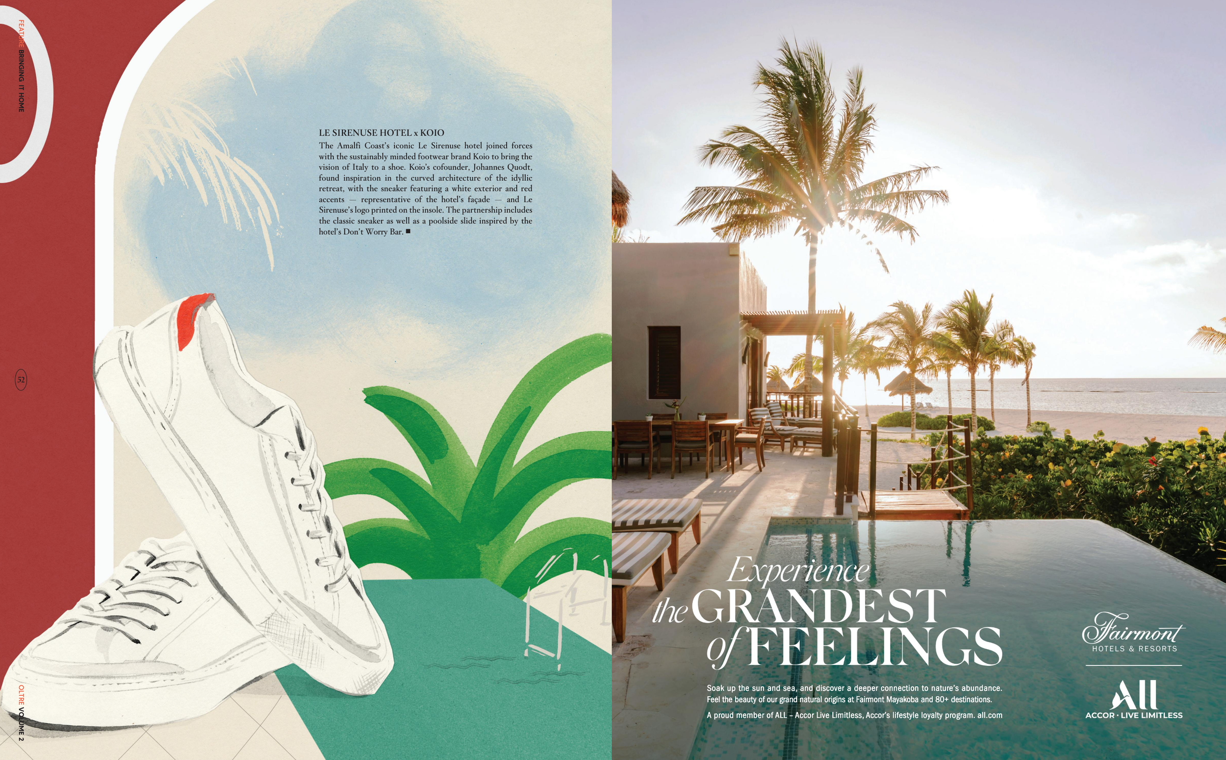 Left side of the image shows a graphic illustration of white sneakers, with a background of abstract shapes and a palm leaf. The right side shows a photo of a luxurious outdoor pool area at sunset, with lounge chairs, palm trees, and a view of the oc