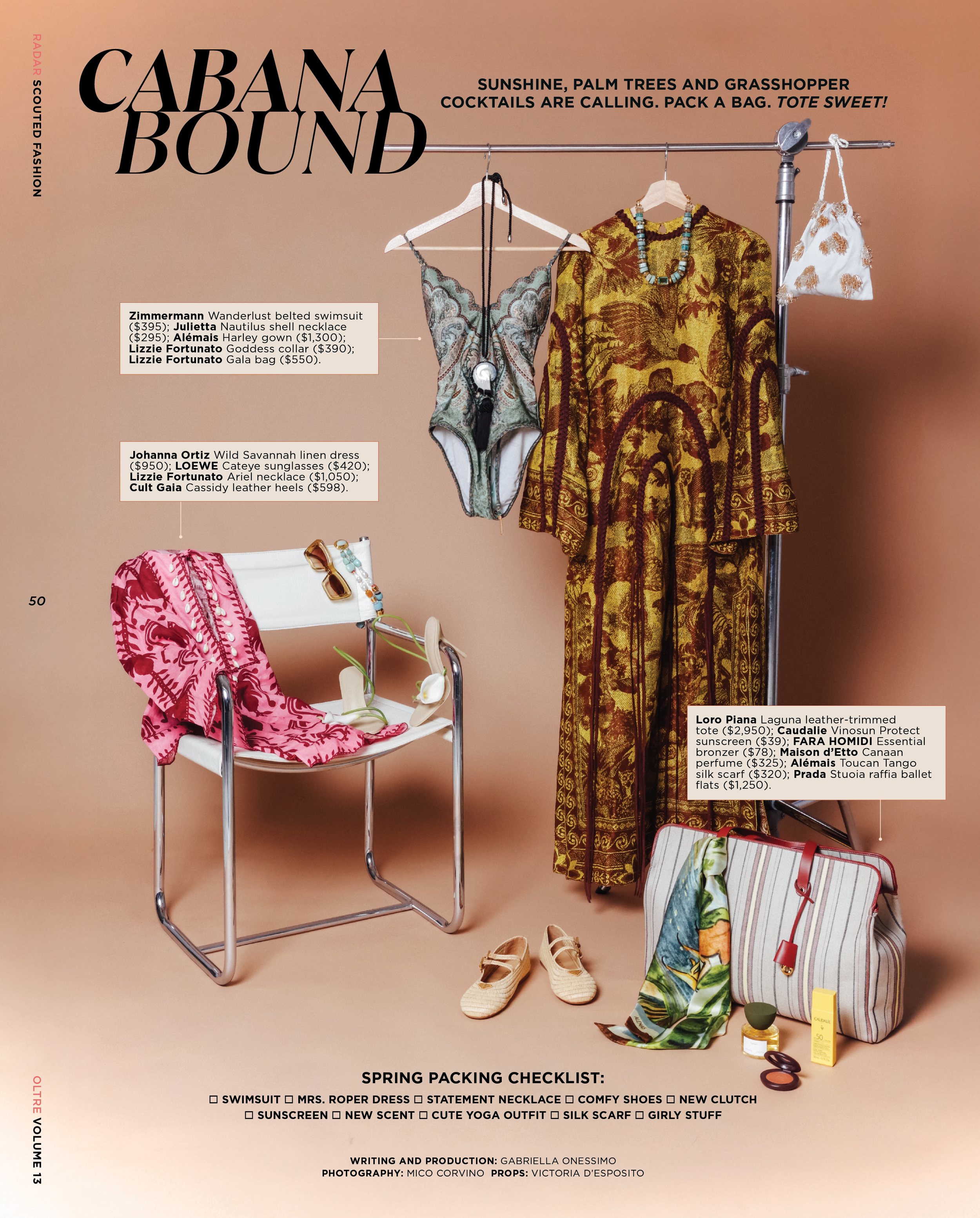 Fashion display with clothing, accessories, and skincare products for spring, featuring a swimsuit, dress, statement necklace, shoes, clutch, sunscreen, scent, silk scarf, and girly items, set against a beige background.
