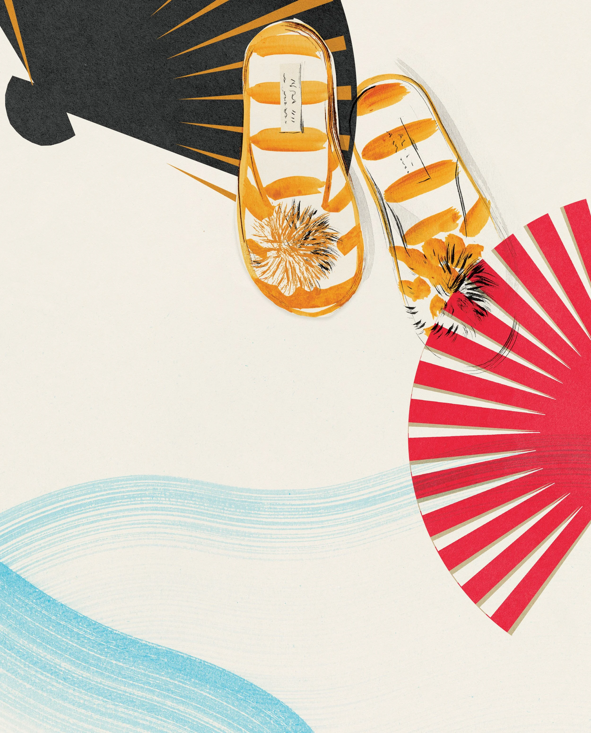 Illustration featuring two bottles with orange and white stripes, one dark shadowed, and a red and white striped fan, with blue and light blue curved lines.
