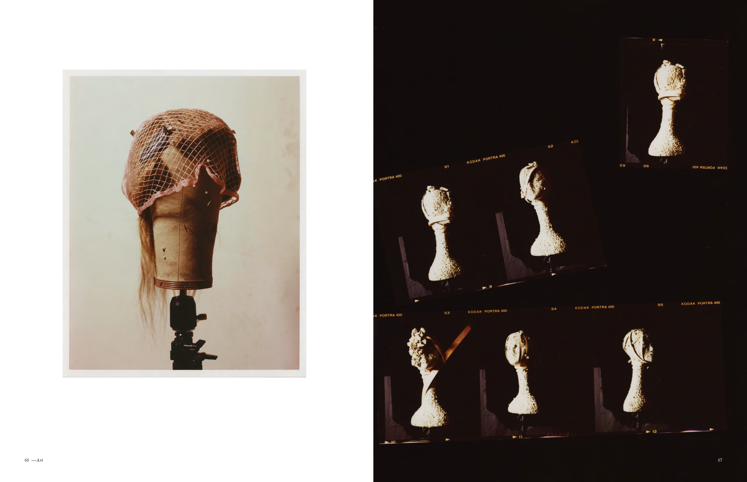 Photograph of a mannequin head with a brown wig, covered in pink netting, set on a stand. Next to it, a contact sheet displays multiple images of the same mannequin head in different stages or angles, with a dark background.