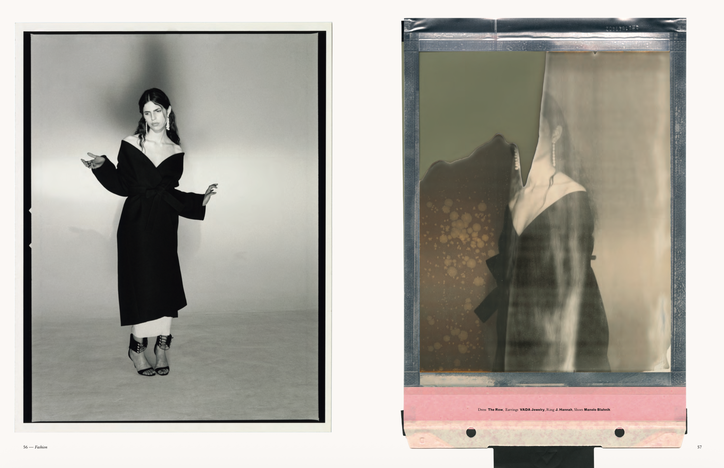 A black and white fashion photograph of a woman with long dark hair and earrings, wearing a black dress and high heels, standing against a plain background. Next to it, a reflected image of a woman in a dark dress, earrings, and a ring is visible in a mirror. The photos are part of a fashion magazine spread.