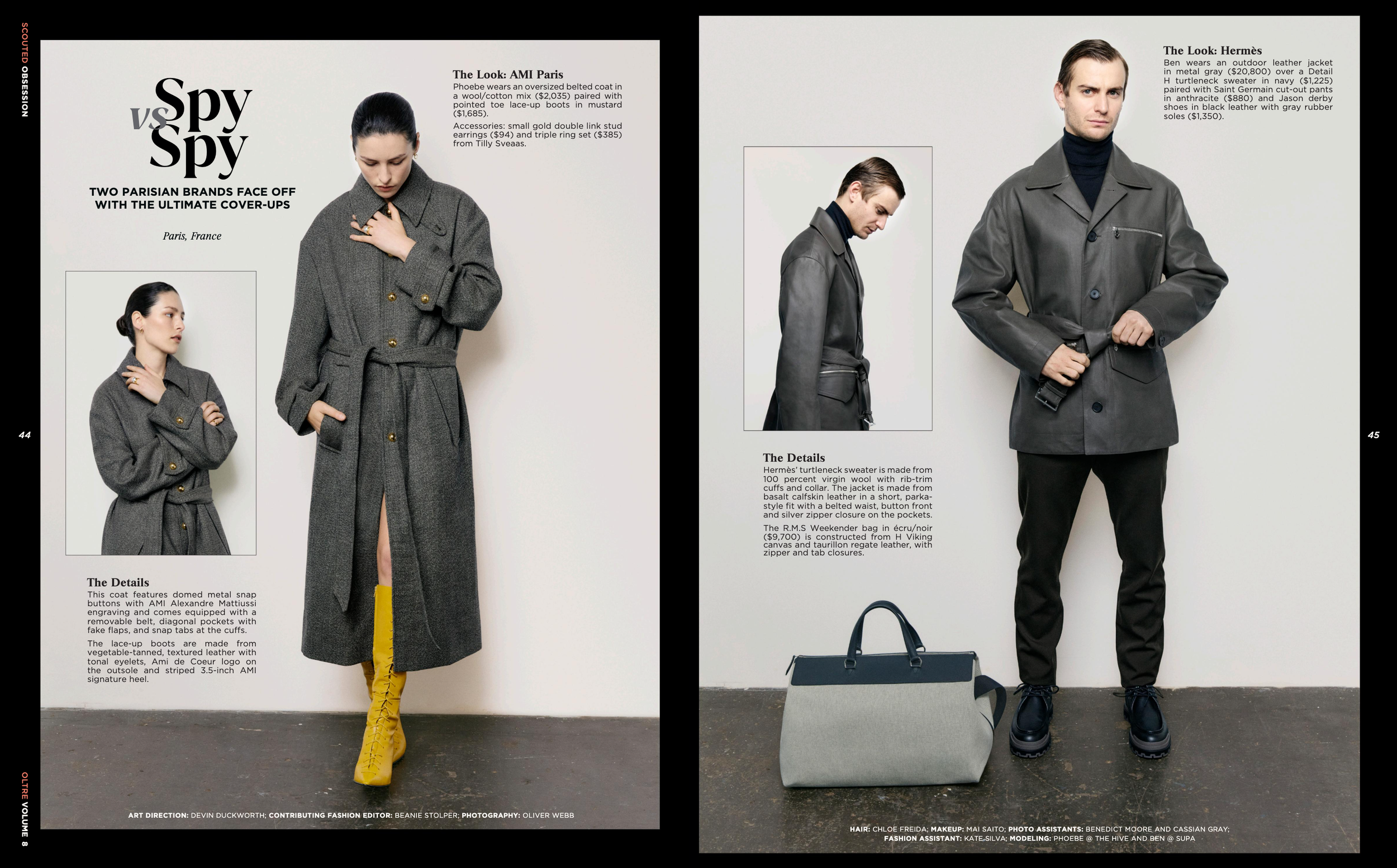 Page spread from a fashion magazine featuring photos of two models showcasing outerwear from AMI Paris and Hermès. The left side shows a female model in a gray coat with gold snap buttons, yellow lace-up boots, and matching jewelry, with close-up det