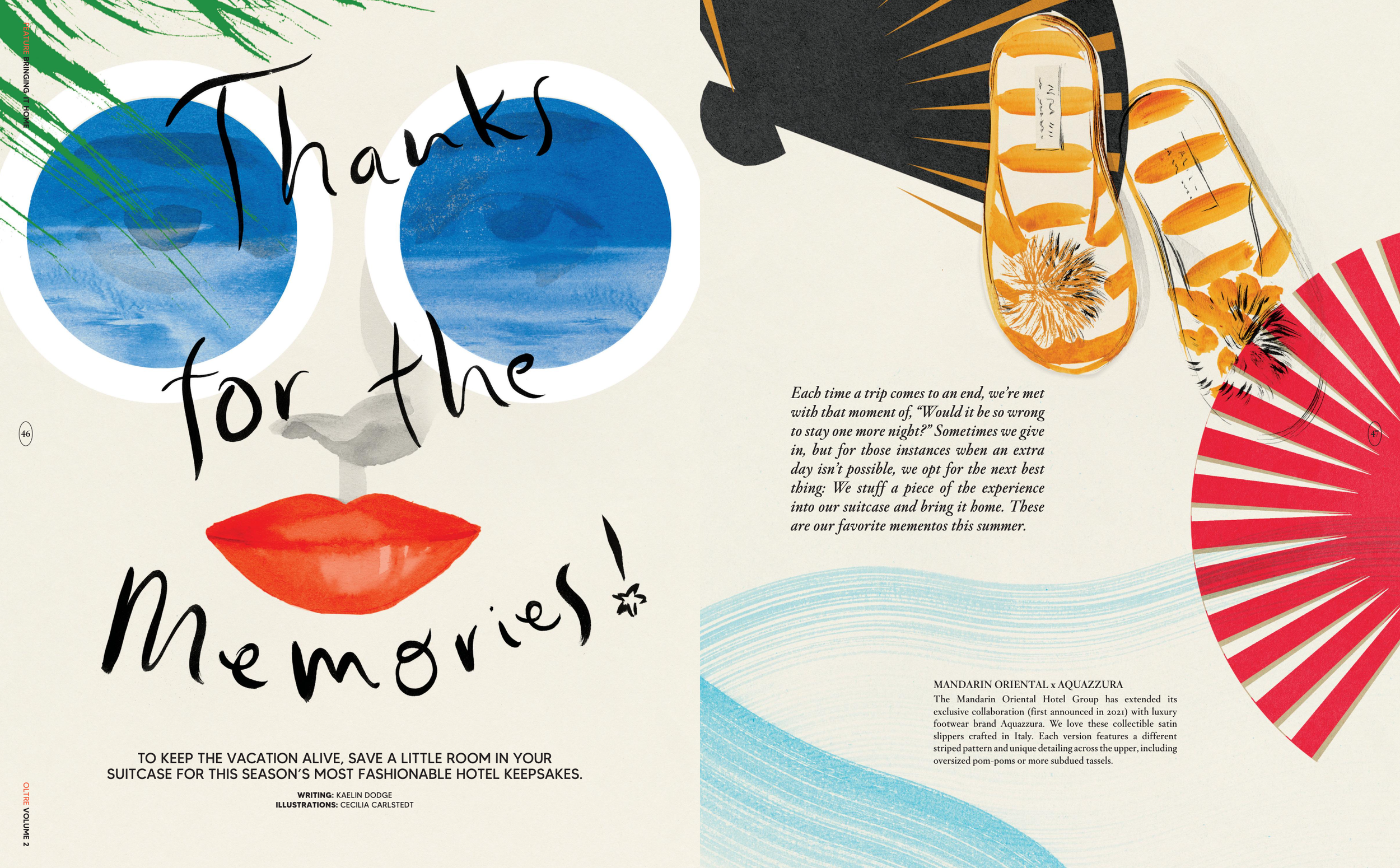 Decorative graphic with blue eye illustrations, red lips, a black microphone, and orange slippers, along with handwritten-style text saying 'Thanks for the memories' and a paragraph of text about hotel keepsakes and holiday souvenirs.