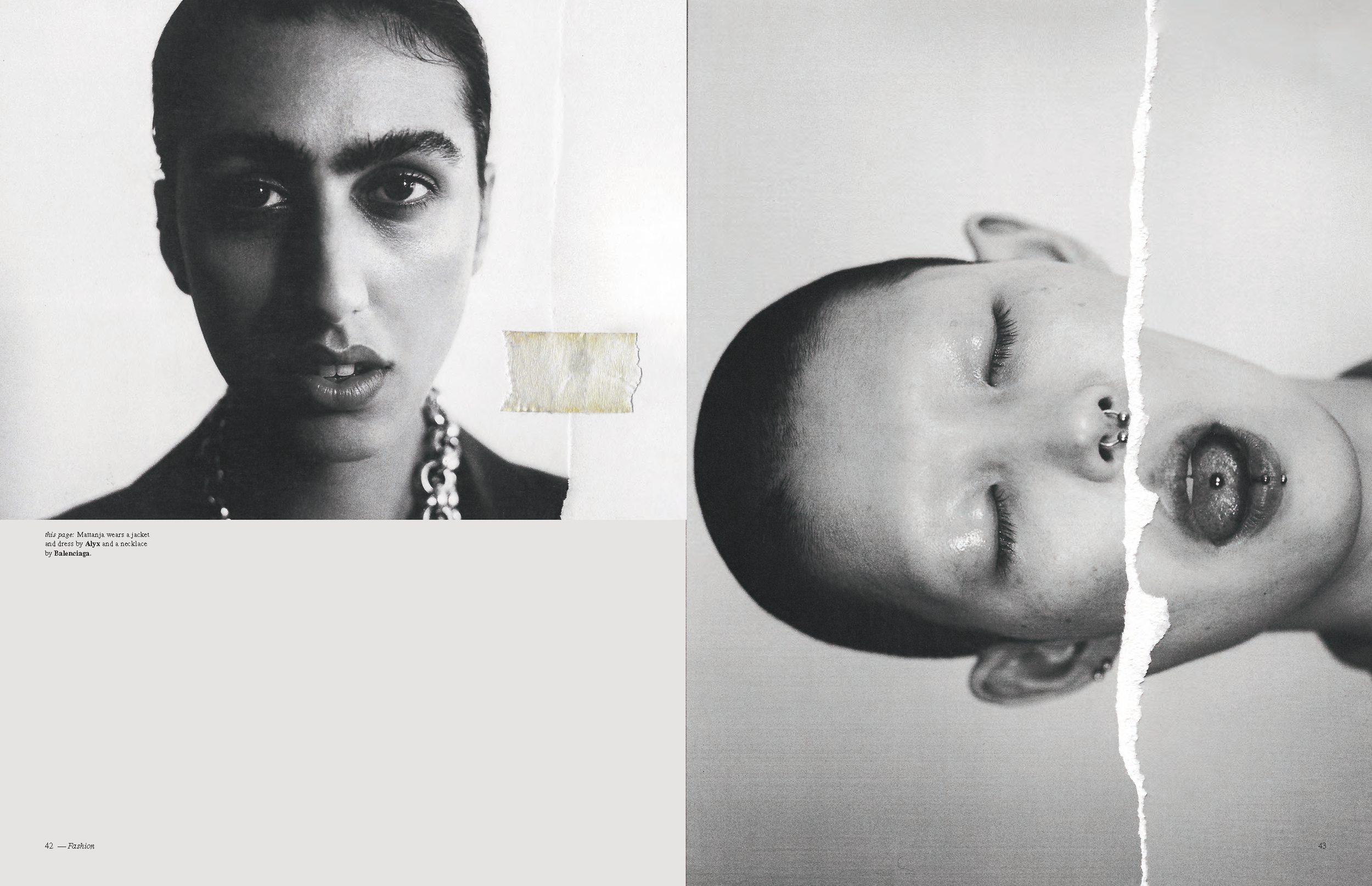 Two black-and-white photographs of models. The left shows a person with short dark hair, wearing a jacket, dress, and necklace, looking directly at the camera. The right shows a person with a shaved head, closed eyes, and piercings on the nose, lying down with their head tilted back.