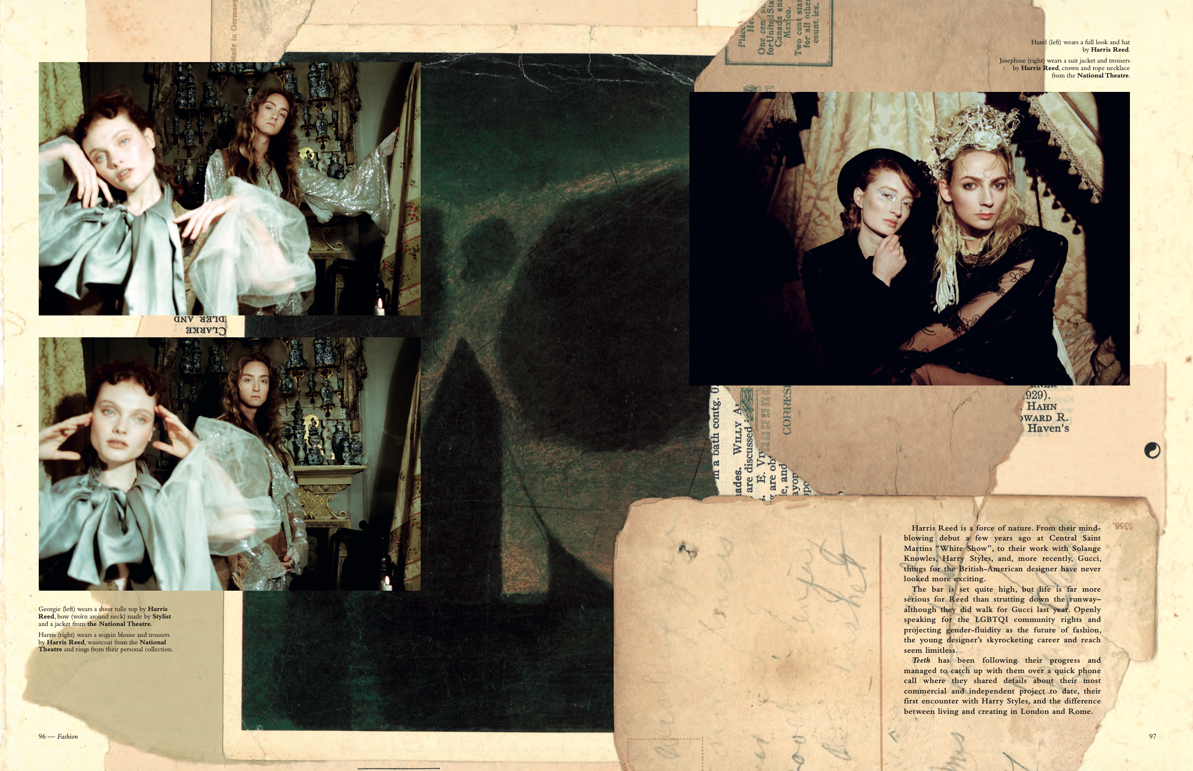 Collage of three photos featuring fashion models dressed in vintage-inspired clothing, set against a background of torn paper, handwritten notes, and printed text. The photos depict women with styled hair and makeup, striking poses in an artistic and theatrical manner.