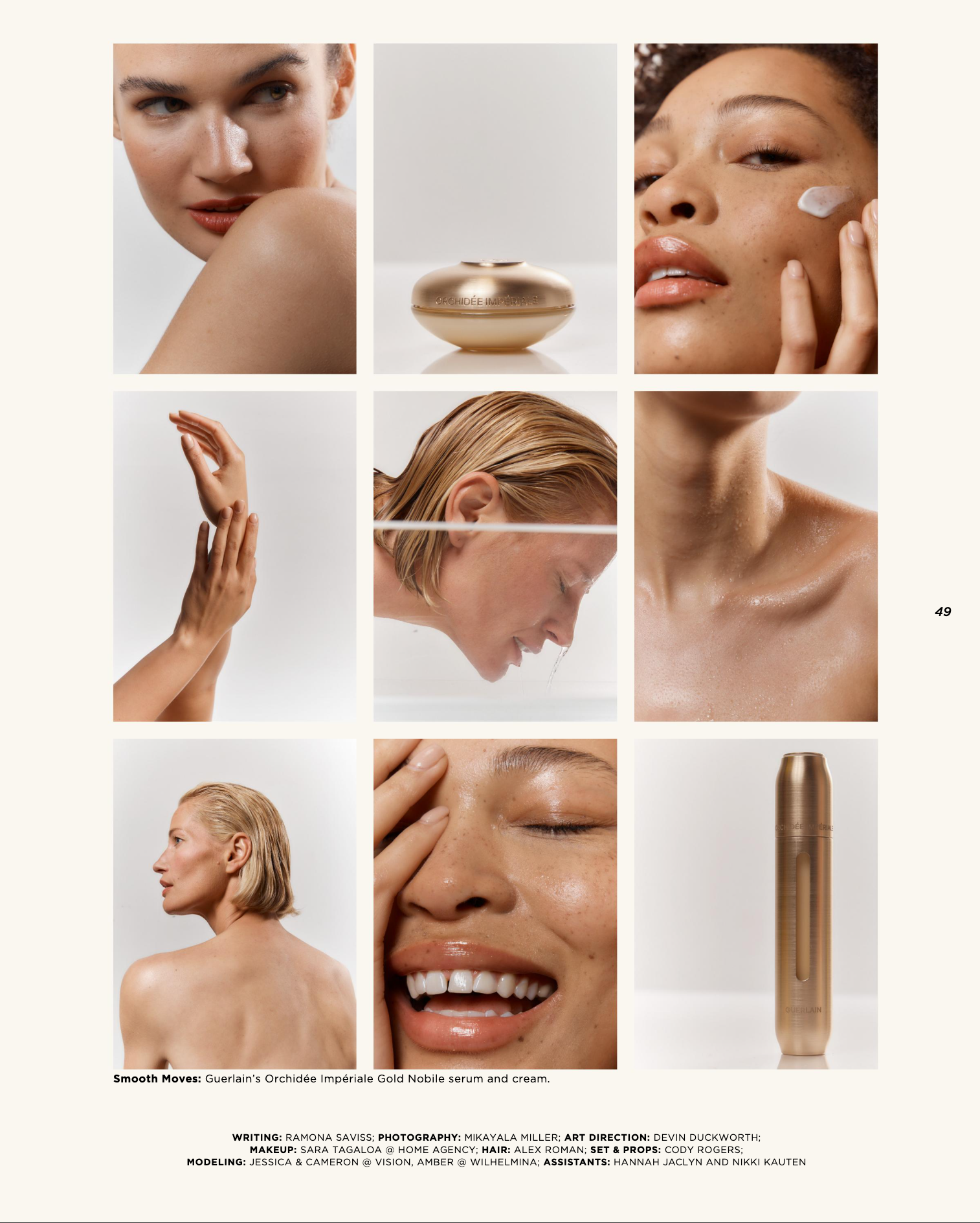 Collage of nine images showcasing women applying skincare, close-ups of faces with skincare product, a woman with wet hair, and a gold serum bottle, promoting Guerlain's Orchidee Imperiale Gold Nobile serum and cream.