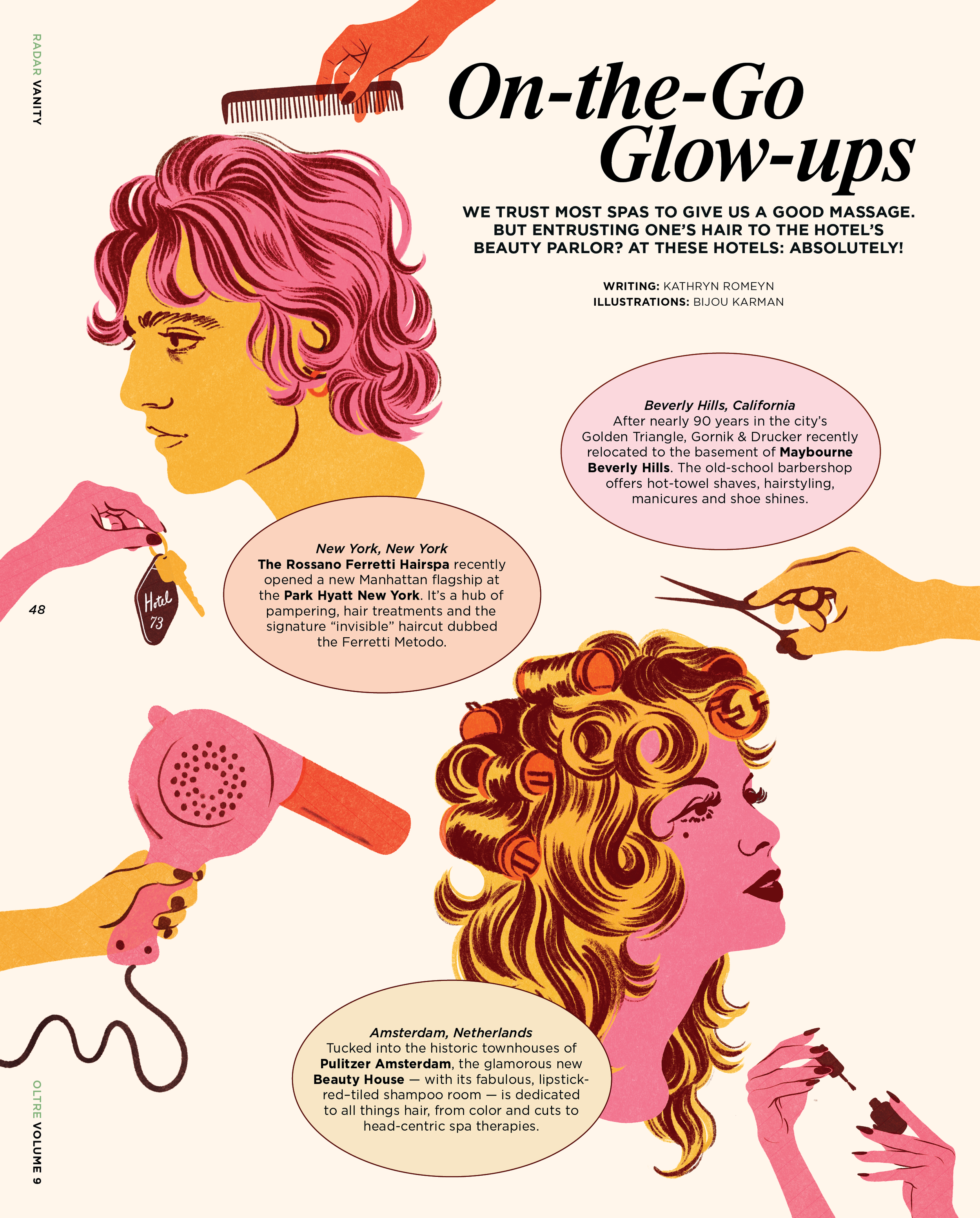 Illustration of women getting their hair styled, with one woman holding a vintage pink hairdryer, and another woman with curled, brown hair, holding a lipstick.