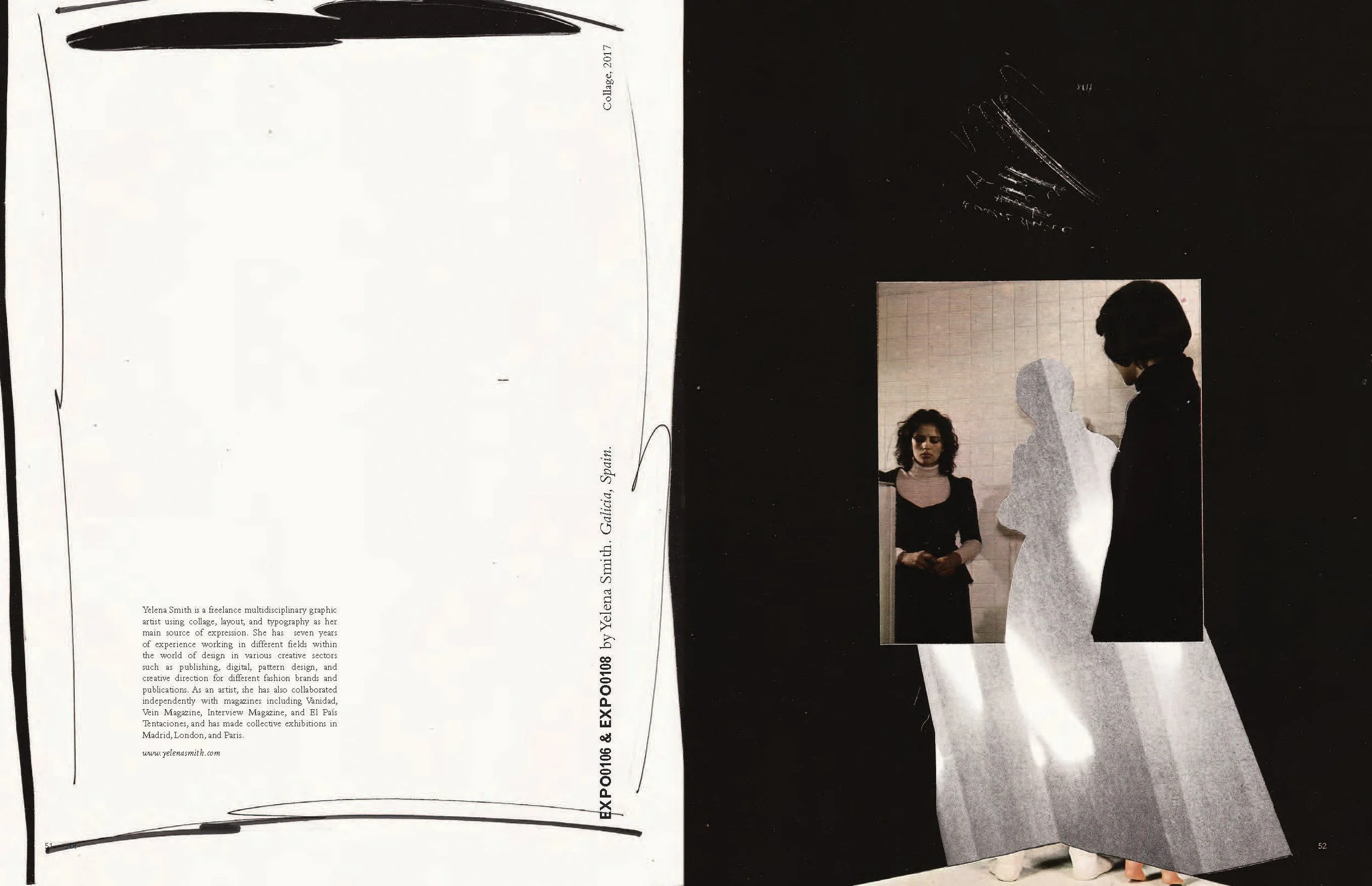 A photograph divided into two sections. The left side shows a white background with text about Yelena Smith, a graphic artist from Galicia, Spain, describing her work and experience. The right side features a black background with a photo of two women, one of whom is looking at a mirror, and a silhouette of a person with curly hair in front of the mirror.