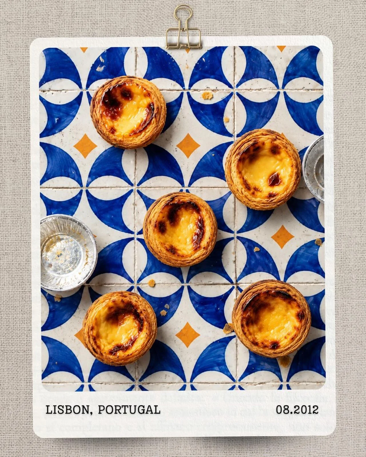 Past&eacute;is de nata from Bel&eacute;m, Lisbon.

The story begins in the 1830s. After Portugal&rsquo;s monasteries were closed and their kitchens dispersed, a custard tart recipe from that world found its way into the neighbourhood. By 1837, Past&e