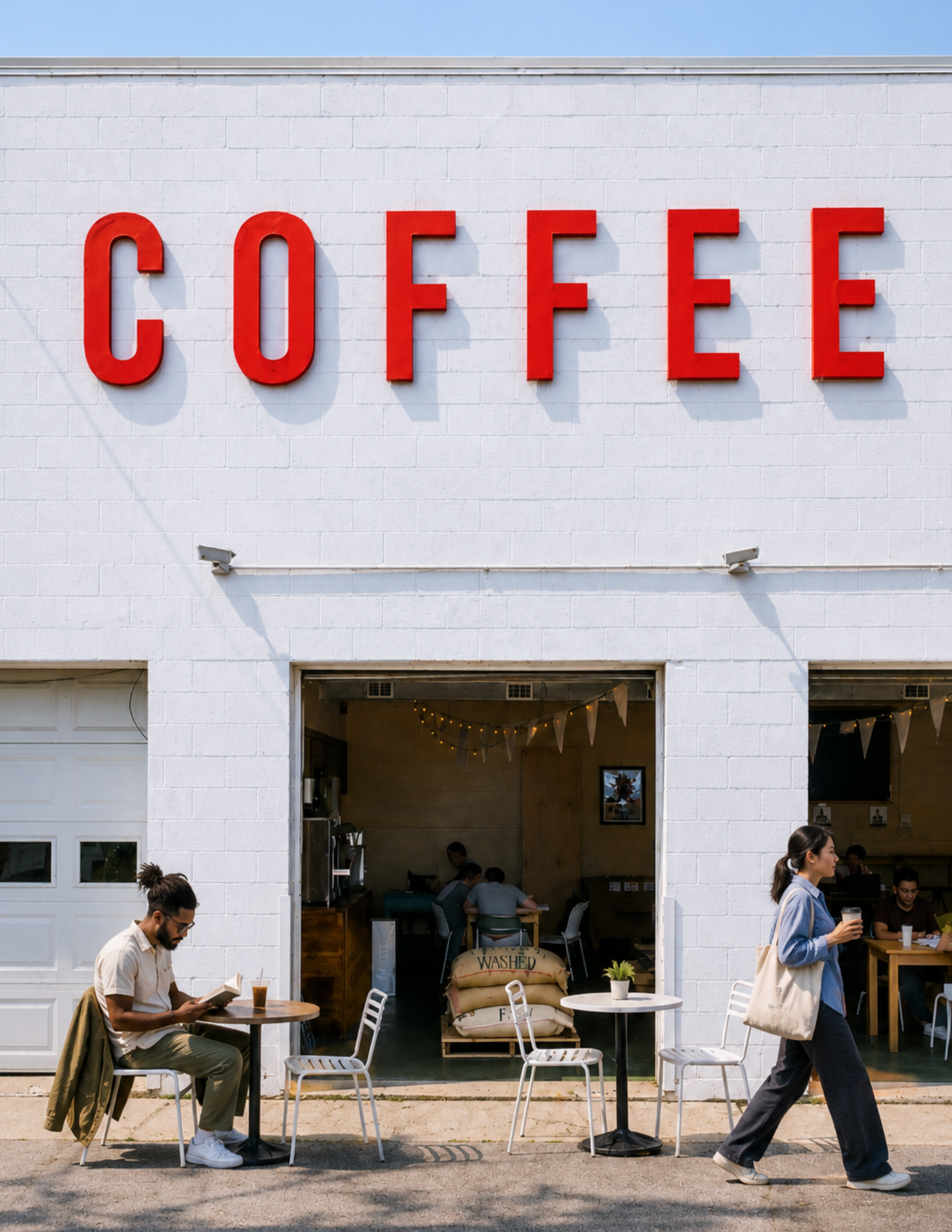 Outdoor view of a white coffee shop with bold red "COFFEE" sign. A person sits reading at a table, while another walks past with a drink. Casual vibe.