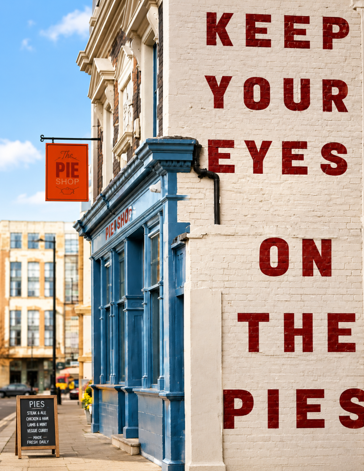 A brick wall with bold red text reads "Keep Your Eyes on The Pies" beside a blue storefront. A small sidewalk sign advertises pie flavors.
