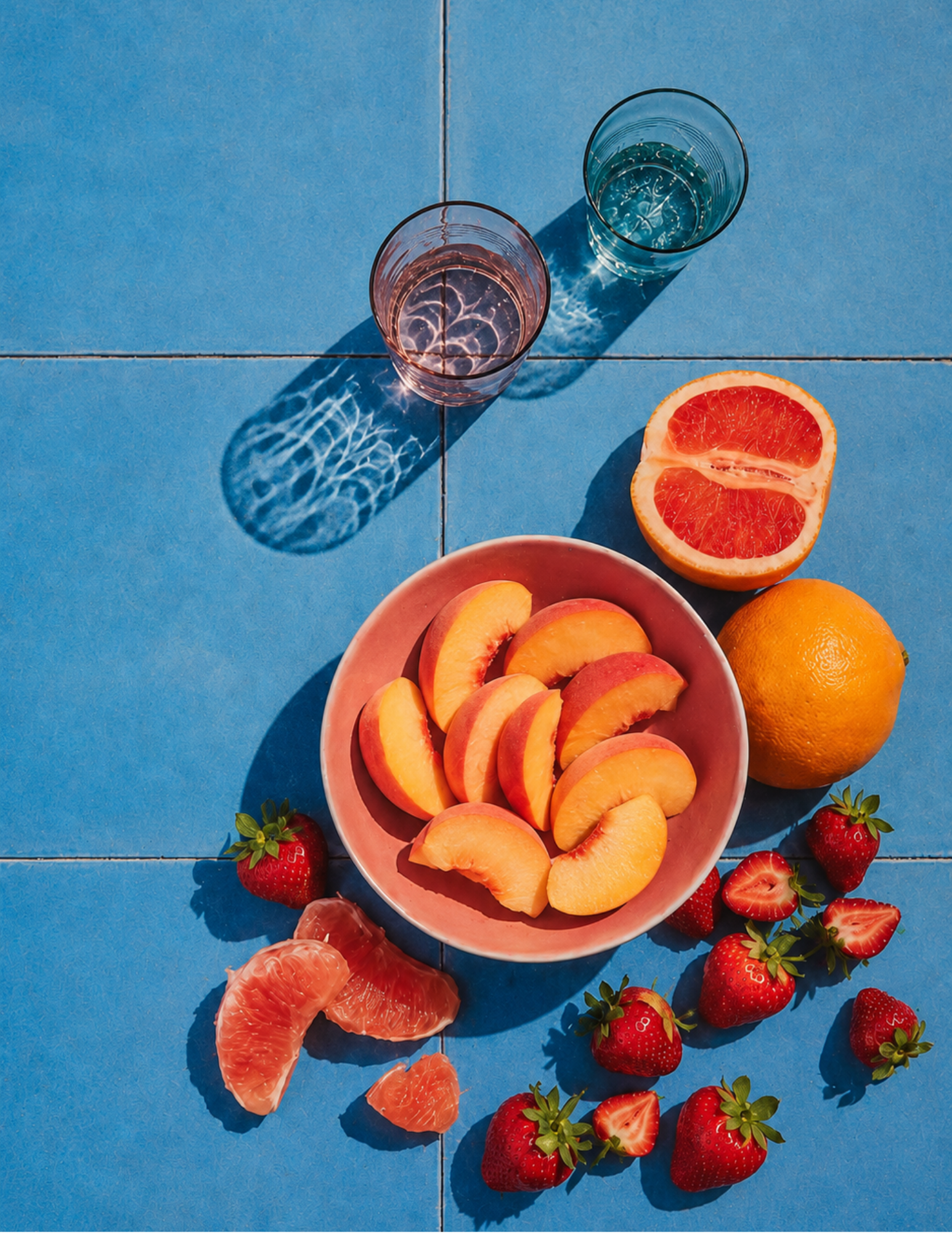 A vibrant image featuring sliced peaches in a pink bowl on blue tiles, surrounded by strawberries, a grapefruit, an orange, and two glasses casting long shadows.