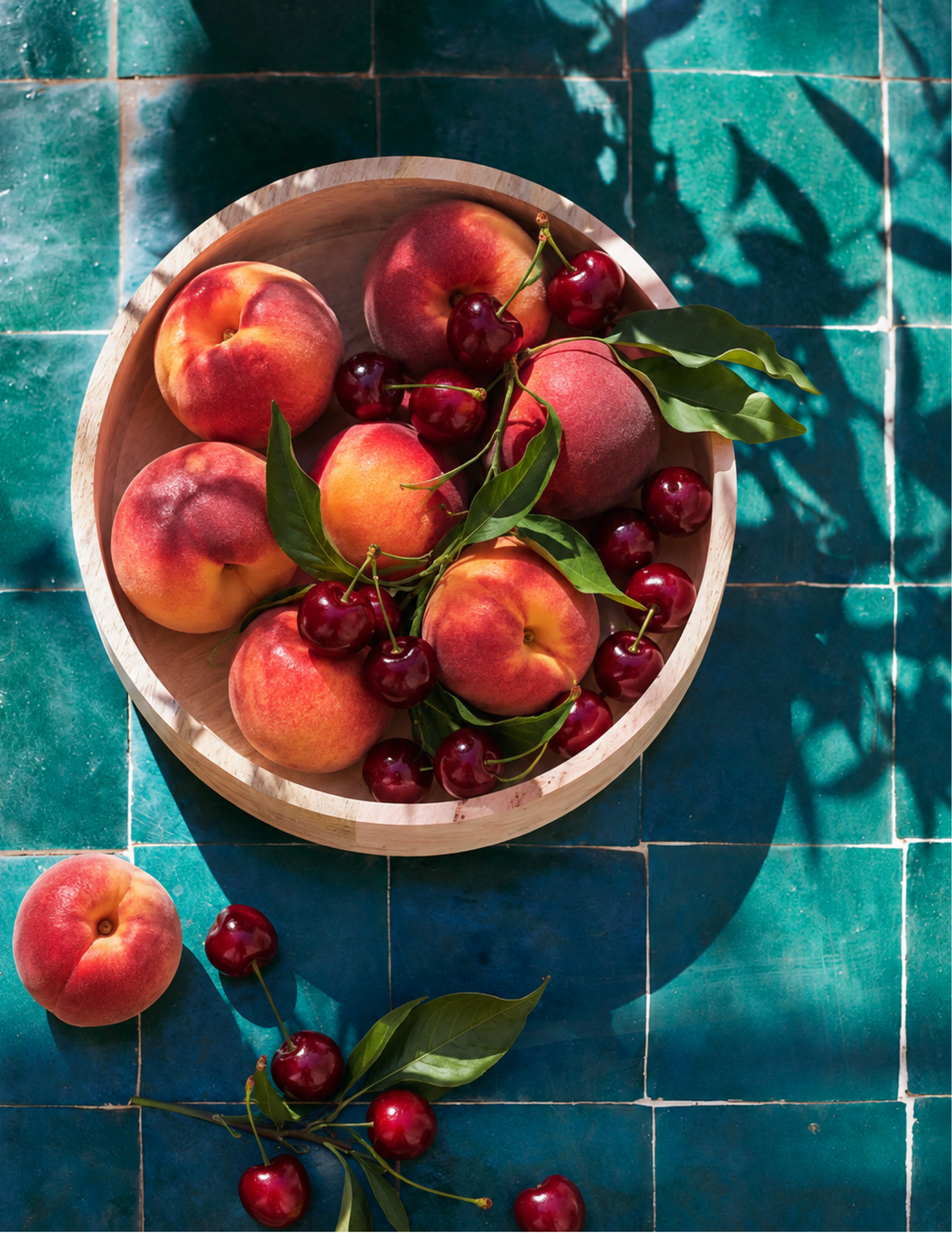 A wooden bowl of ripe peaches and cherries on a turquoise tiled surface, with sunlight casting leafy shadows, creating a fresh and vibrant summer feel.