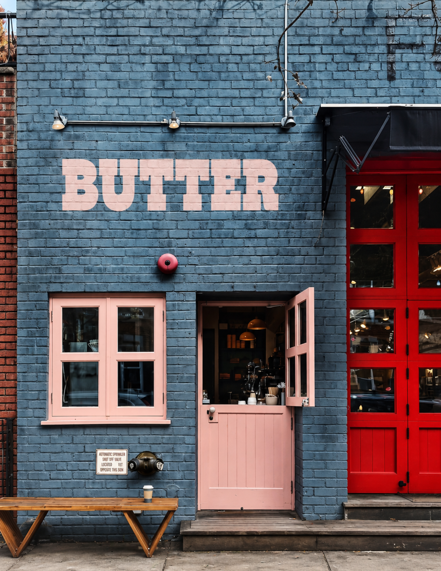 Cozy café exterior with "BUTTER" painted on a blue brick wall. Features pink windows and door, a wooden bench, and a welcoming atmosphere.