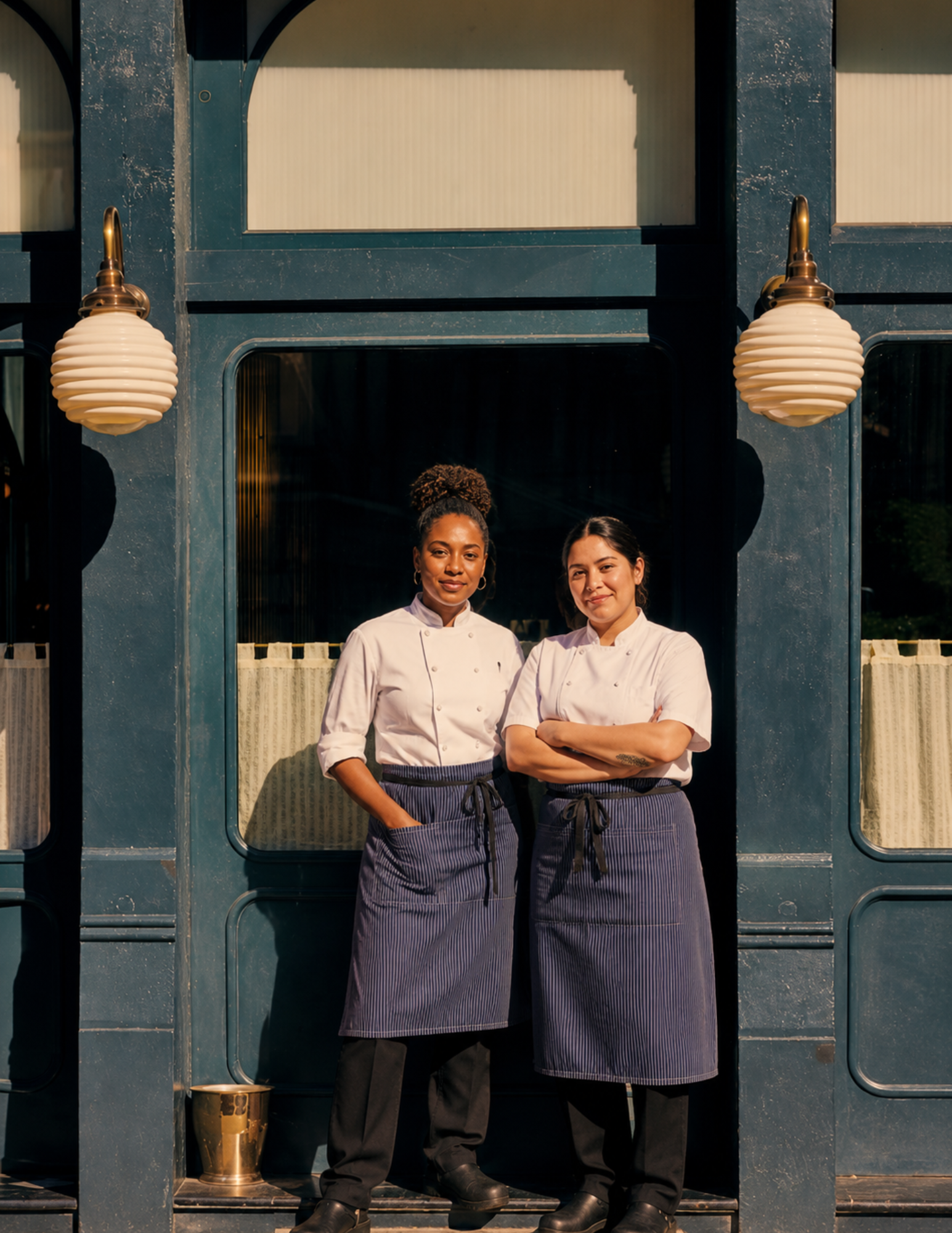 Two chefs stand confidently in front of a restaurant's blue facade, wearing white coats and striped aprons. The scene is warmly lit, conveying professionalism.