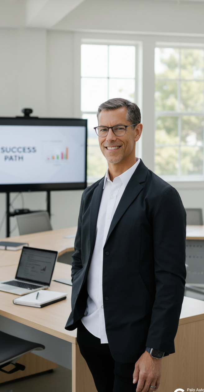 Confident man in business attire standing in modern office with large windows and presentation screen.
