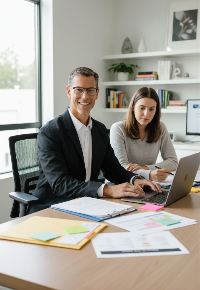 A professional man in a suit with glasses smiling at the camera, seated at a desk with a laptop, papers, and colorful sticky notes, while a young woman sits nearby with a notebook and pen, in a bright office space with shelves filled with books and decorative items.