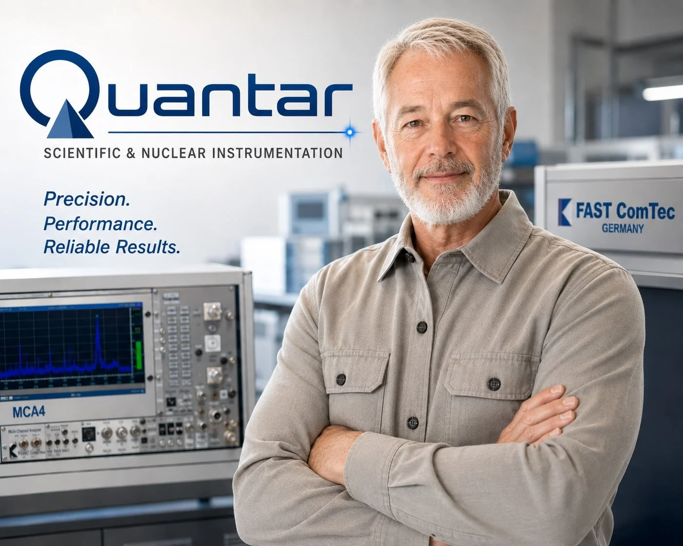 Quantar scientific and nuclear instrumentation promotional image featuring a senior engineer beside MCA4 spectroscopy equipment and FAST ComTec Germany instruments.
