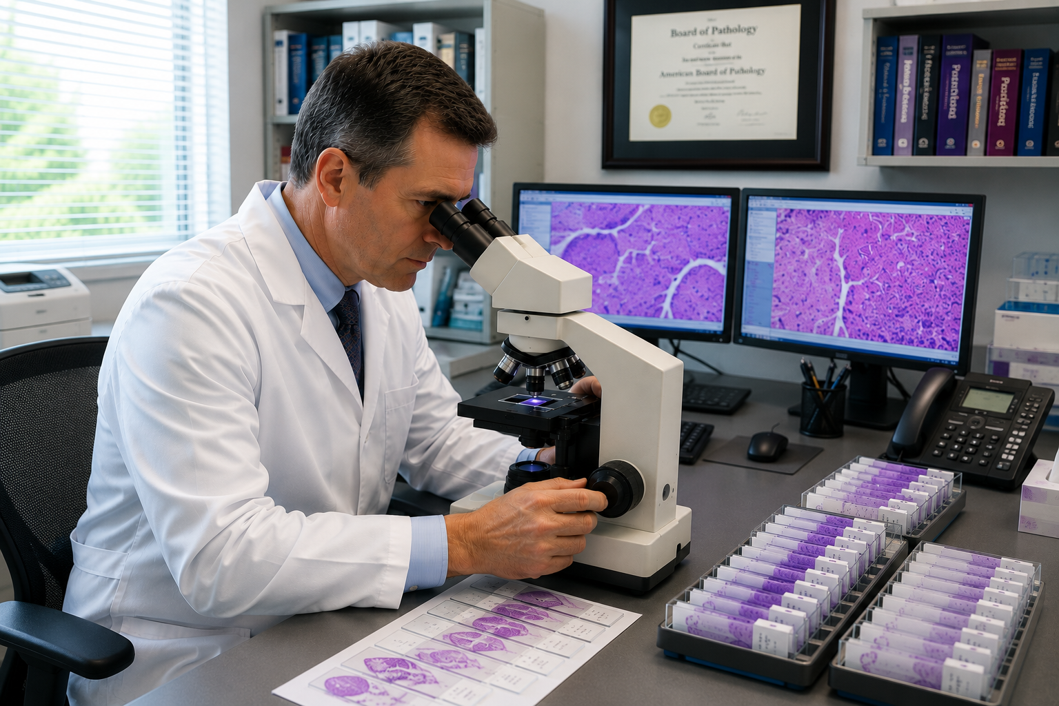 A scientist in a white lab coat looking through a microscope at tissue samples on a slide, with two computer monitors displaying similar tissue images, in a laboratory setting with medical books and equipment.