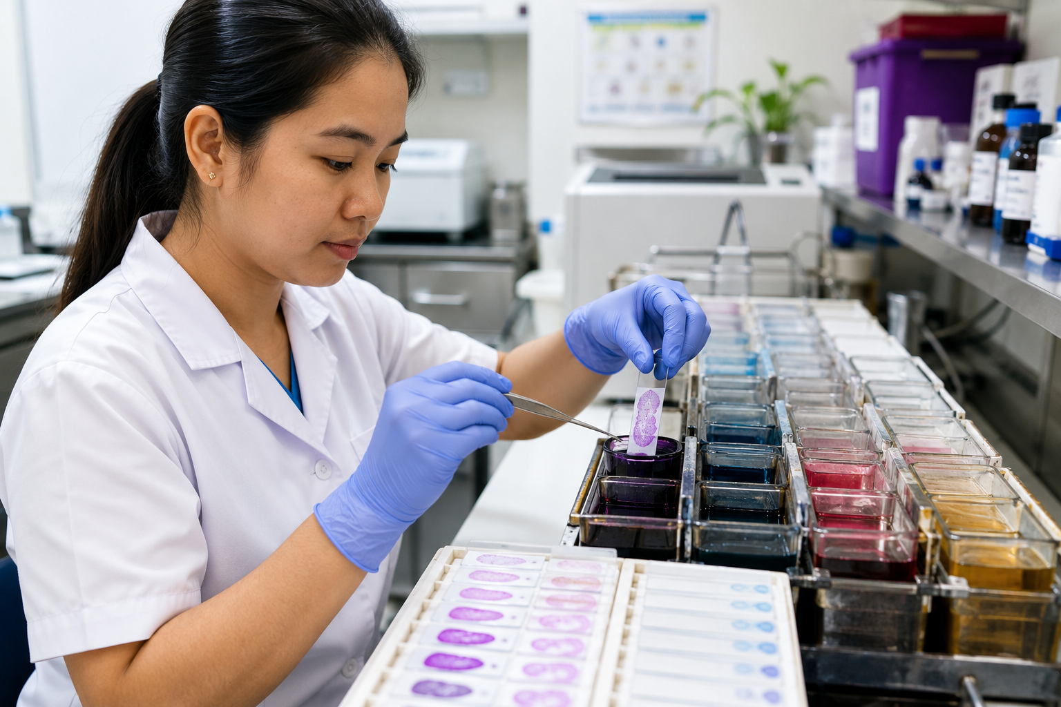 A female scientist in a laboratory wearing a white lab coat and purple gloves, working with a multi-well plate and pipette, with various colored dyes and chemicals in the background.