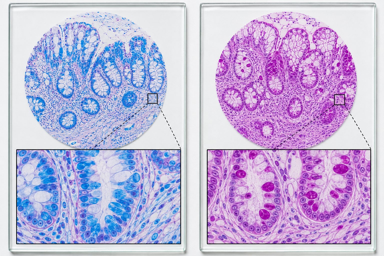 Microscopic images of biological tissue samples, stained in blue and purple, showing detailed cellular structures with close-up views of specific areas.