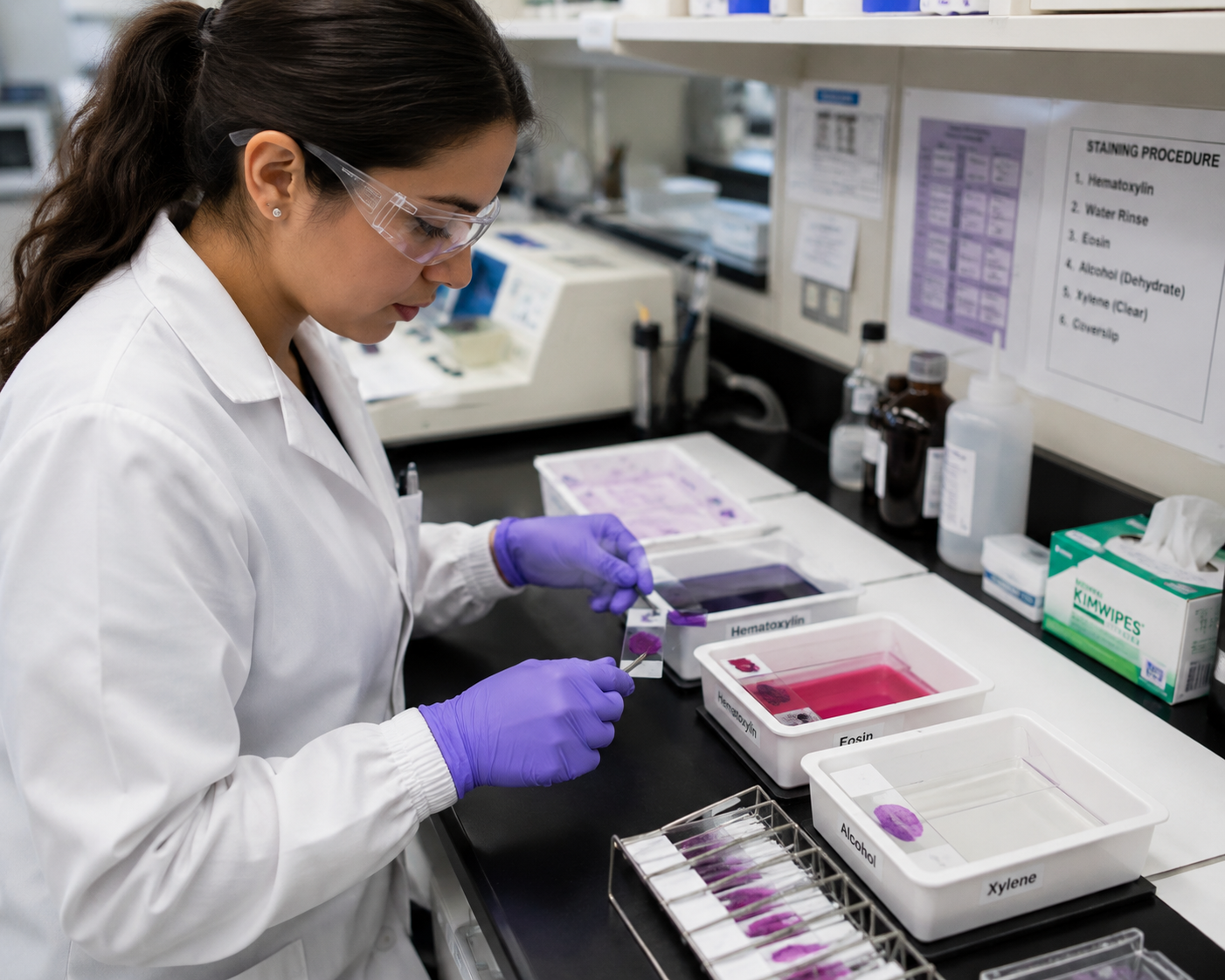A female scientist in a laboratory wearing safety glasses, a white lab coat, and purple gloves, working with test samples in trays labeled Hematoxylin, Eosin, Alcohol, and Xylene.