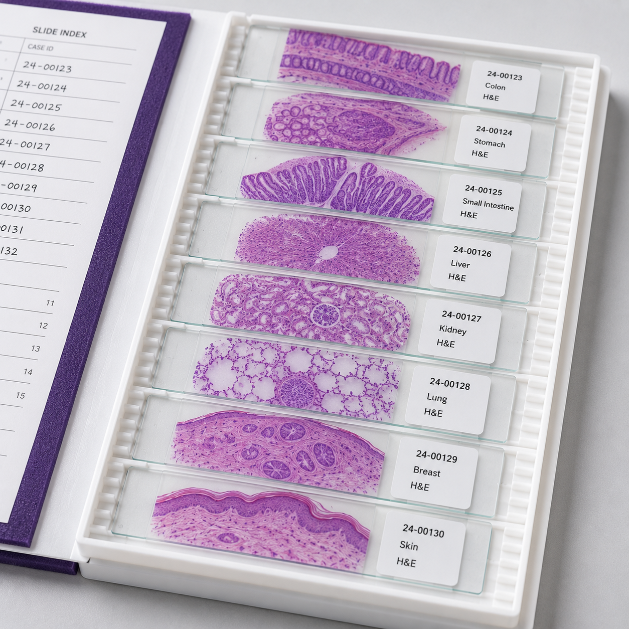 A collection of histology slides for different human organs, labeled with tissue type and stained with H&E, arranged in a white slide box. The tissues include colon, stomach, small intestine, liver, kidney, lung, breast, and skin.