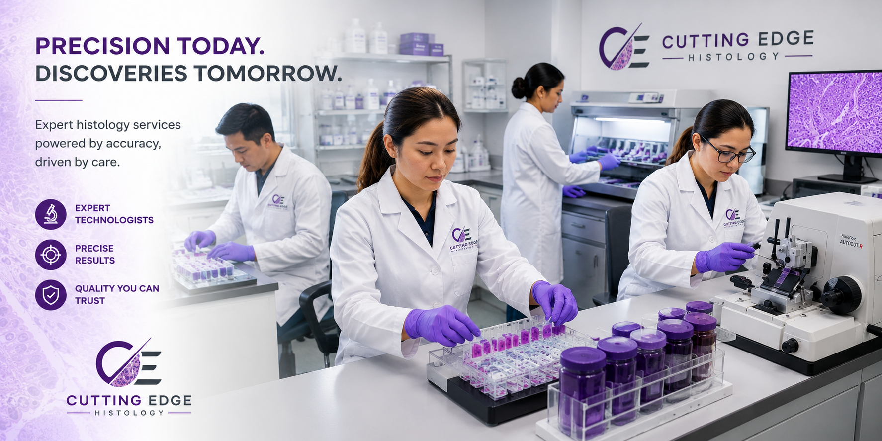 Scientists working in a histology laboratory with purple gloves, analyzing tissue samples and using lab equipment, with logos and text promoting expertise and precision in histology services.