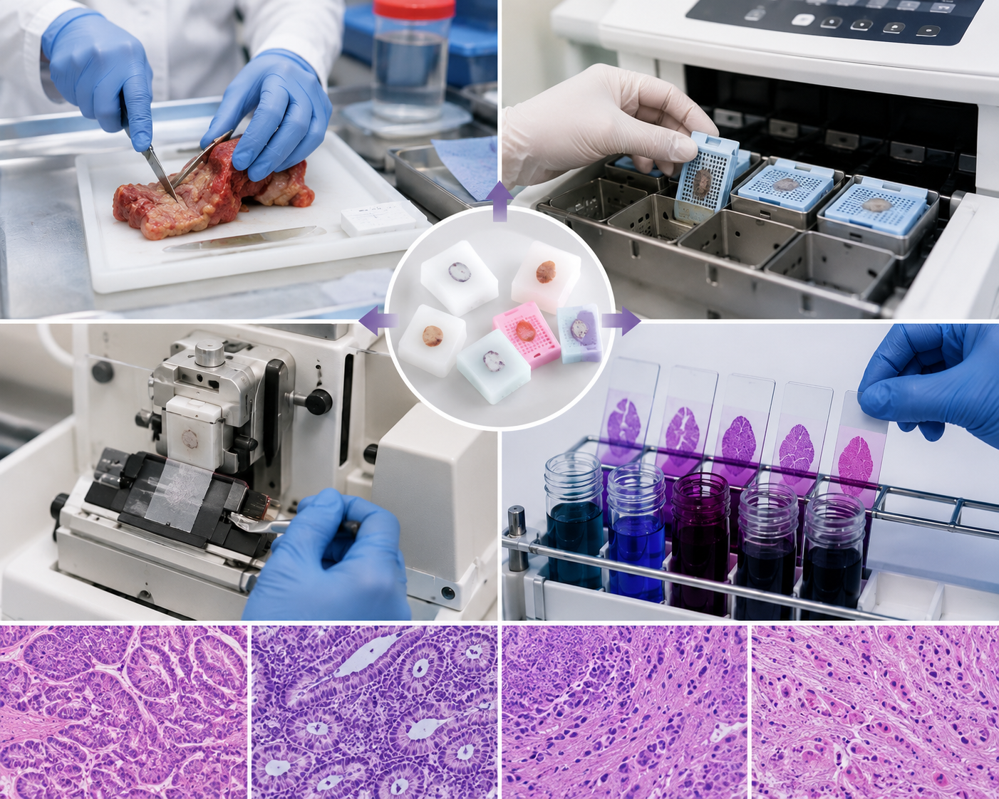 A montage of scientific laboratory work, including a scientist preparing tissue samples from a raw specimen, a technician using a centrifuge, a researcher analyzing samples with a microscope, and another handling tissue slices with a slide. The central circle shows various tissue samples and lab materials, with images of histology slides of tissue under a microscope at the bottom.
