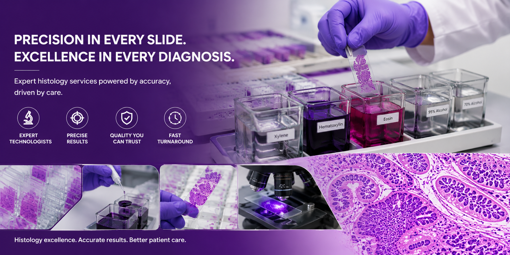 Laboratory technician wearing purple gloves handling test tubes with purple dye in a lab setting, with microscopes and histology slides showing tissue samples