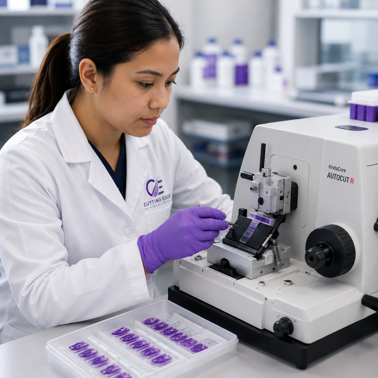 A female scientist in a white lab coat and purple gloves working with a microscope in a laboratory. She is examining some purple slides, with more slides in a tray on the table.