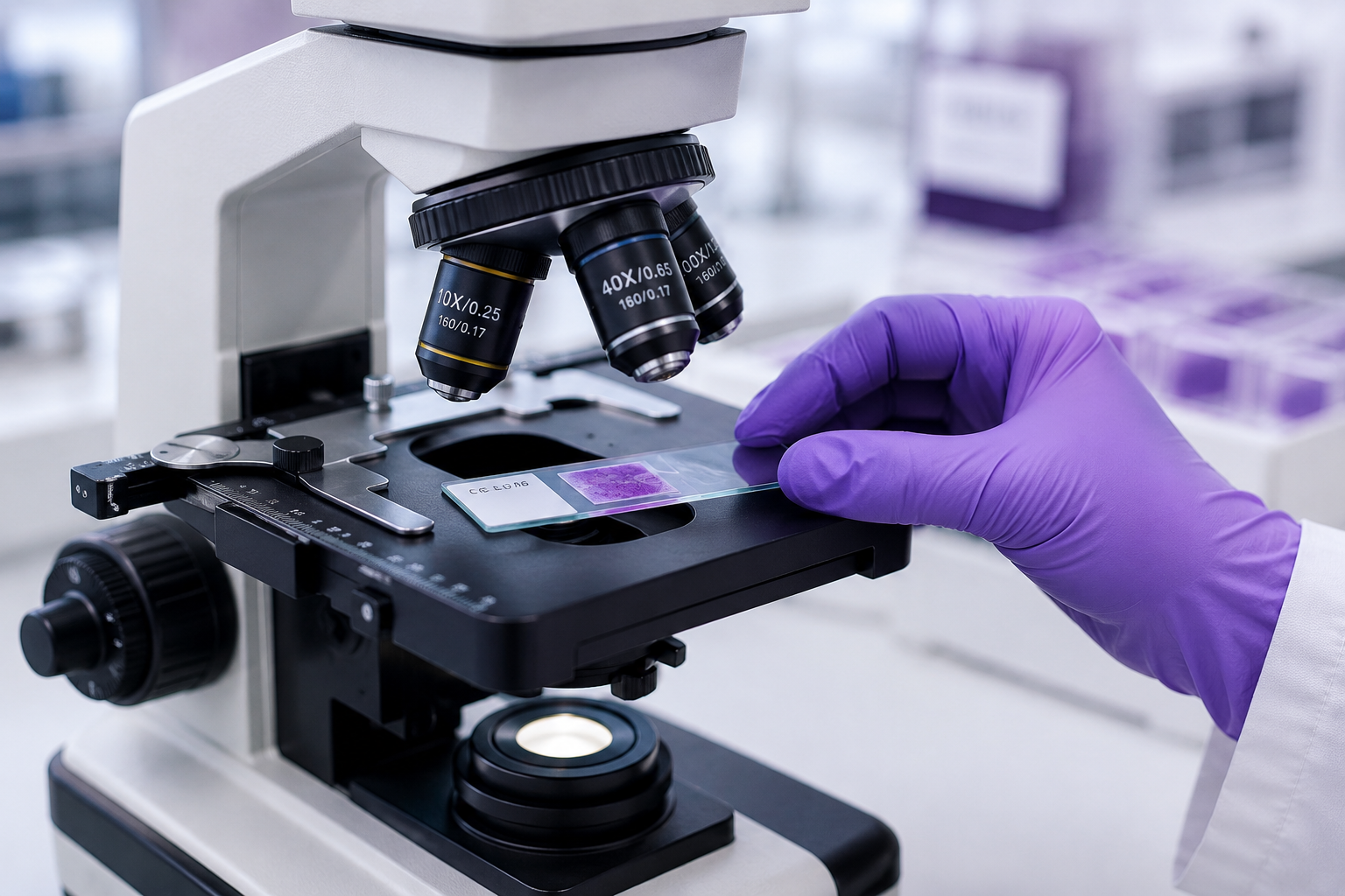 A scientist wearing purple gloves handling a slide under a microscope in a laboratory.