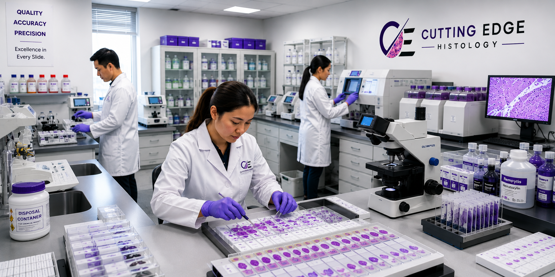 Laboratory scientists in white coats working with microscopes, slides, and equipment in a research lab with the logo 'Cutting Edge Histology' on the wall, surrounded by scientific supplies and tools.