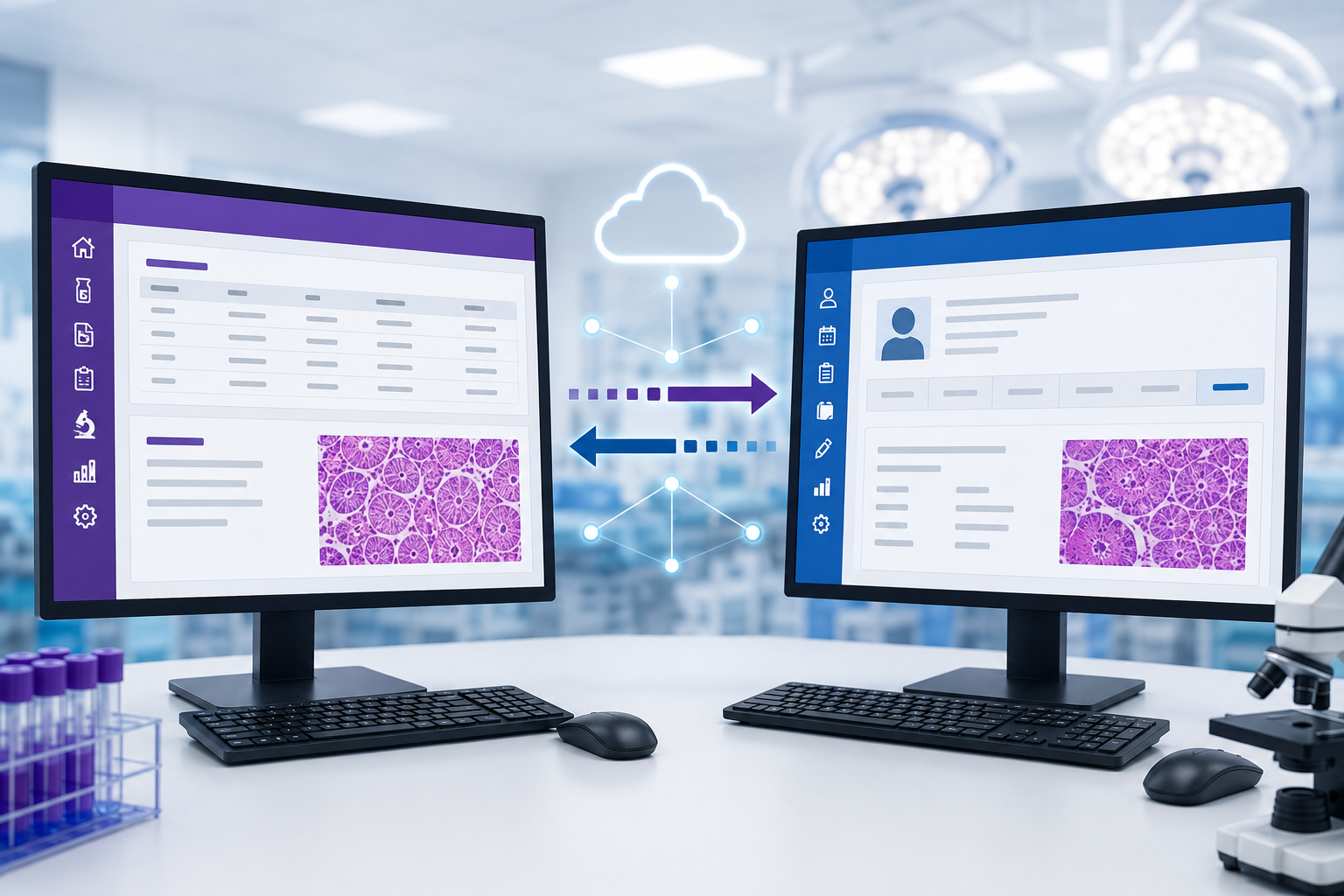 Two computer monitors in a laboratory setting, with diagrams of data and cloud storage, depicting data transfer between digital systems, with lab equipment and microscopes in the background.
