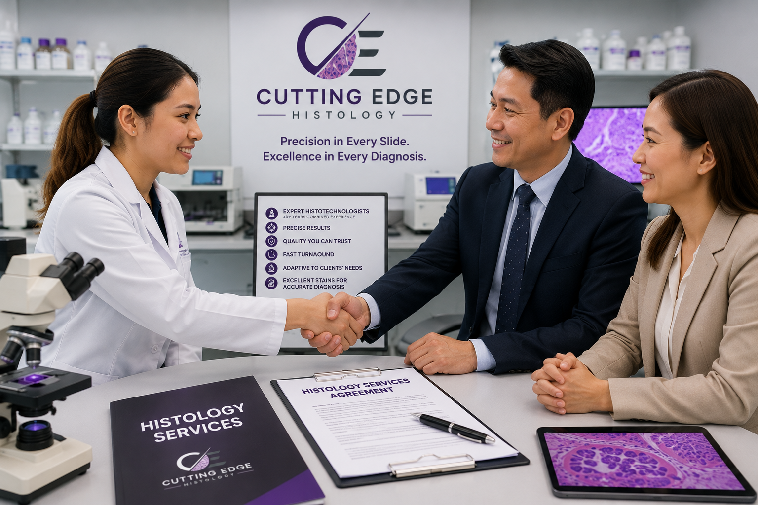 Two men and a woman in a laboratory, shaking hands, with a woman in a lab coat. There are scientific equipment and informational posters about histology services in the background.