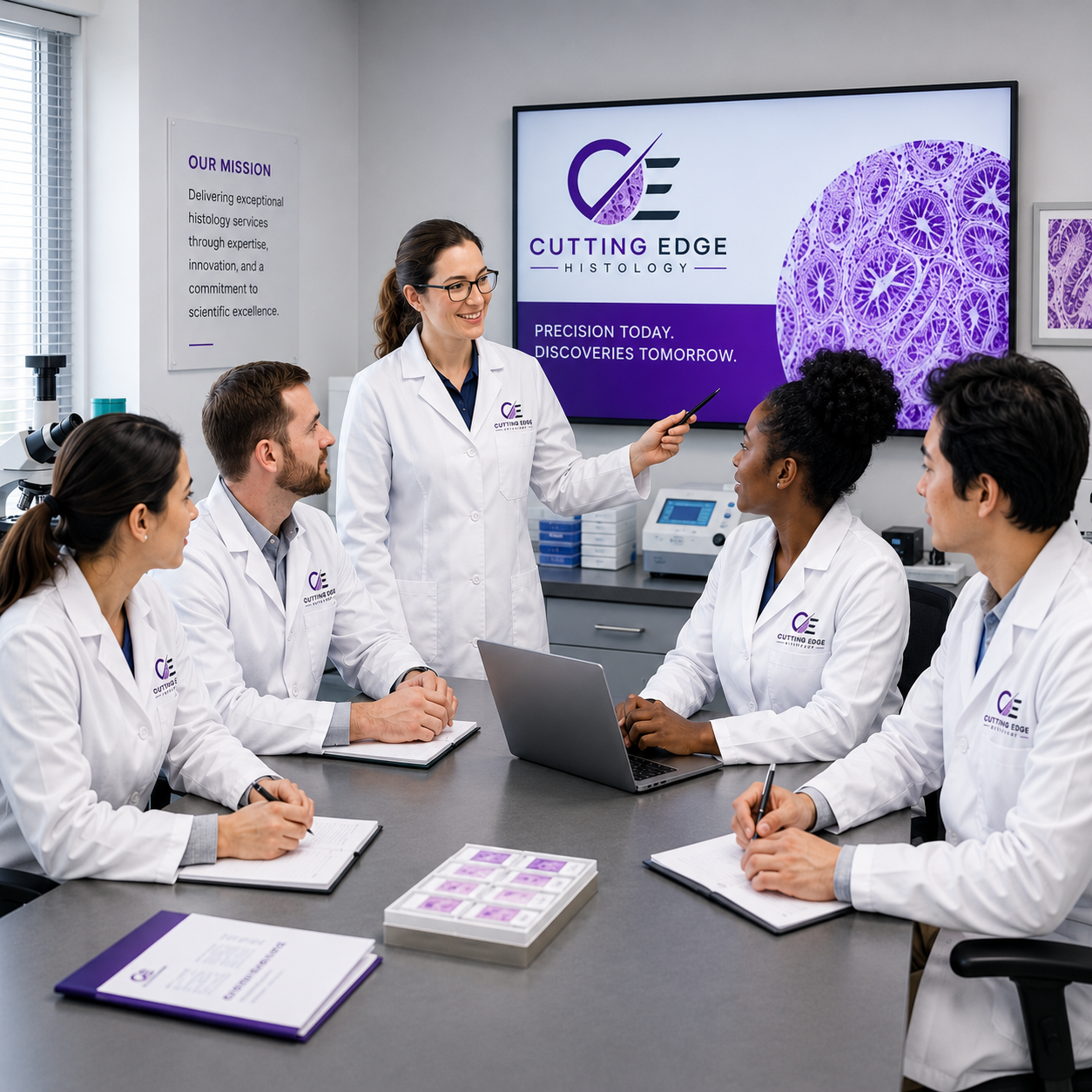 A group of five scientists in white coats attending a meeting in a laboratory, with a woman presenting in front of a large screen displaying the logo and slogan of Cutting Edge Histology.