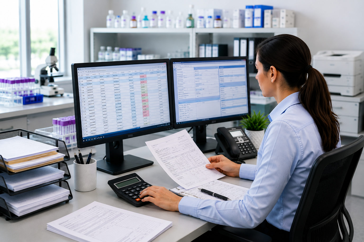 A woman in a laboratory setting working at a desk with dual computer monitors, holding a printed document, surrounded by office supplies, medical bottles on shelves behind her, and scientific equipment in the background.