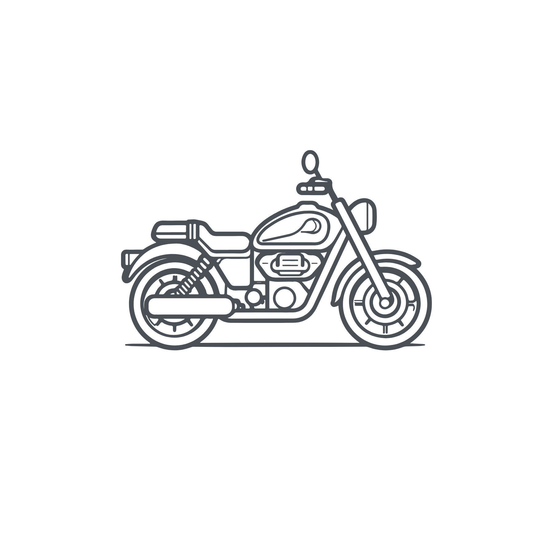 Line drawing outline of a classic motorcycle with large front and rear wheels, seat, handlebars, and engine, on a black background.