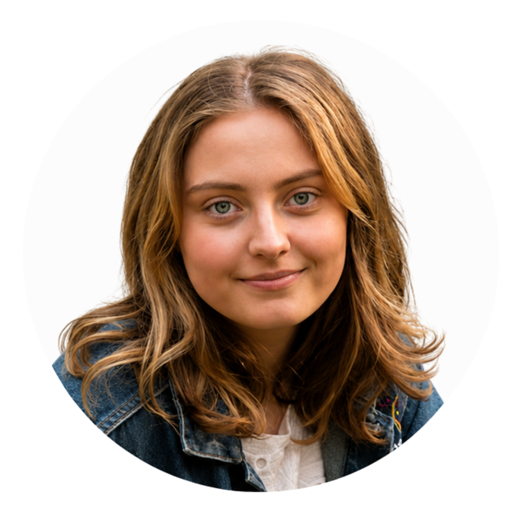 Close-up of a smiling woman with green eyes, long wavy light brown hair, wearing a denim jacket over a white shirt, against a white background.