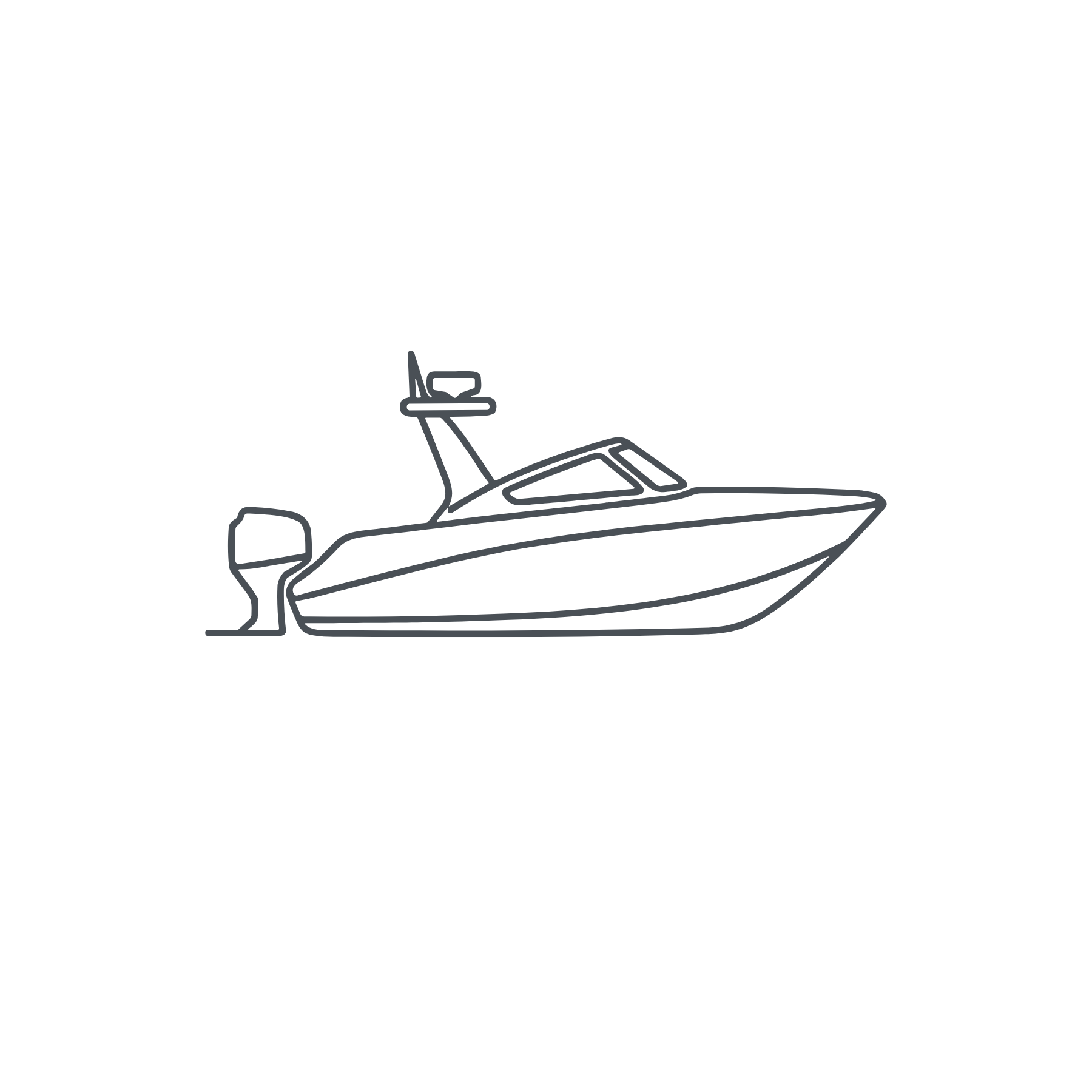 Outline of a speedboat on water with wake behind it, the boat is facing to the right.