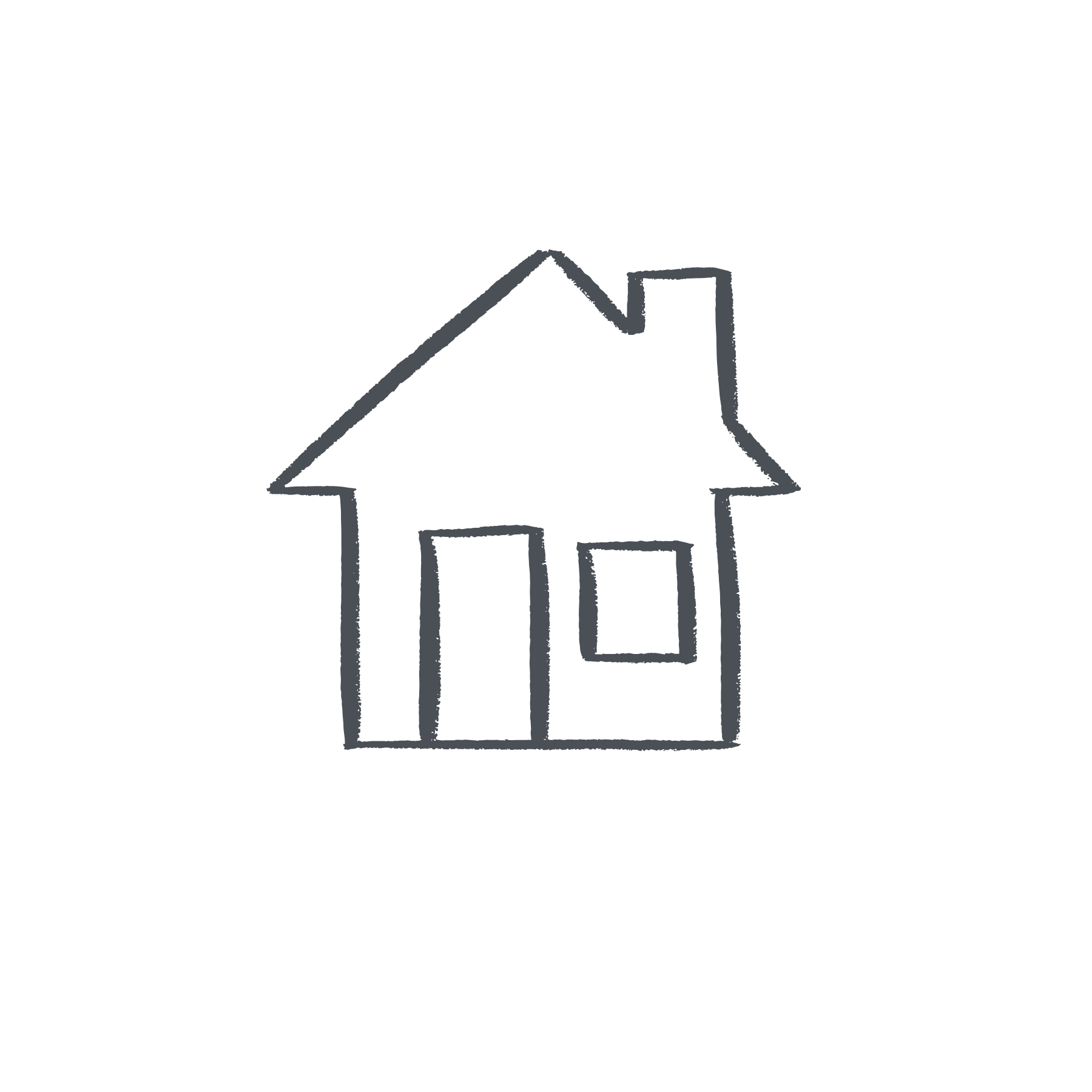 A simple line drawing of a house with a triangular roof, a chimney, and a rectangular door, all outlined in light gray against a black background.