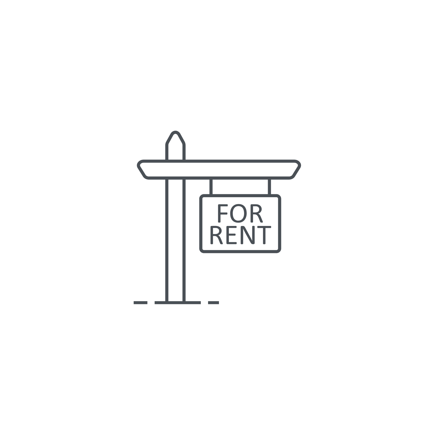 Outline drawing of street sign with a small roof, holding a 'For Rent' sign.