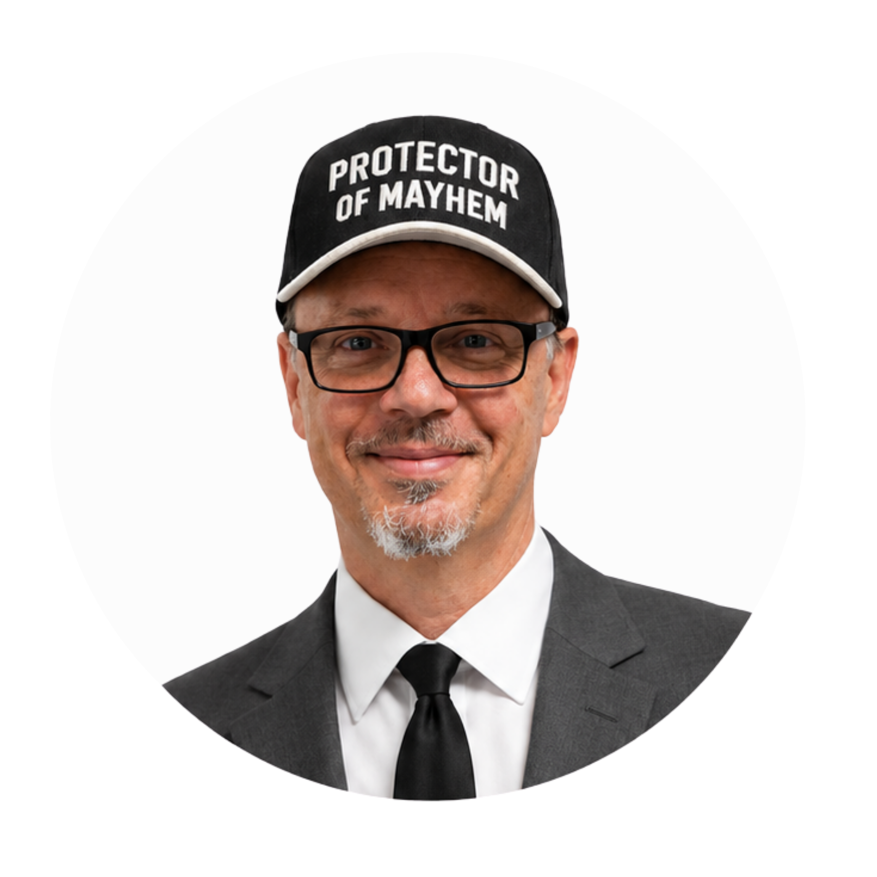 A man with glasses in a tuxedo, smiling, wearing a black cap that reads 'Protector of Mayhem' in white letters.