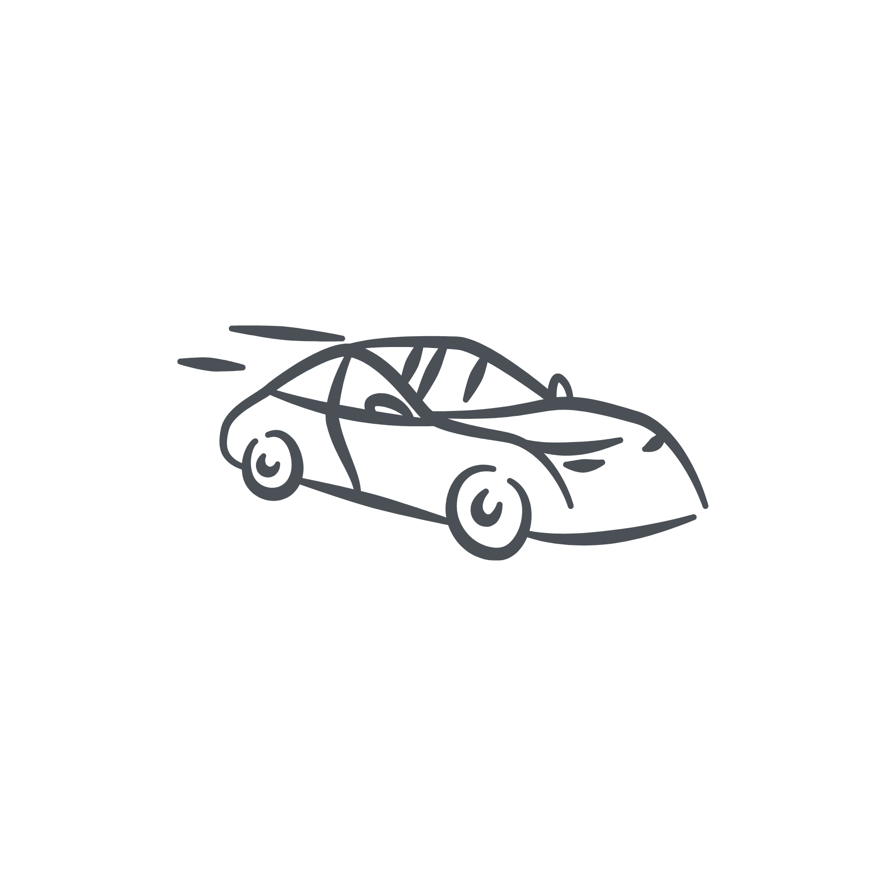 Line drawing of a racing car with a stylized, flowing design, depicted in grey on a black background.