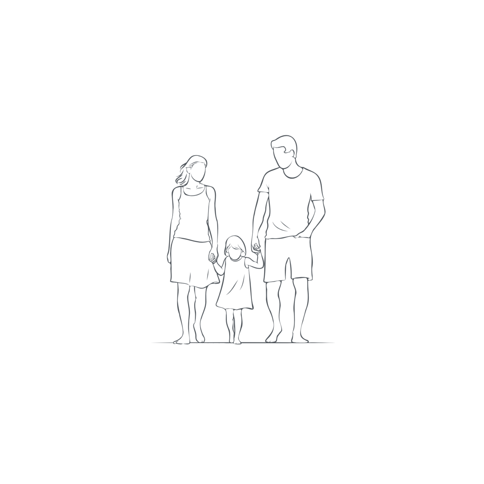 Outline drawing of a family of three walking together, holding hands. The mother, father, and child are depicted in casual clothing.