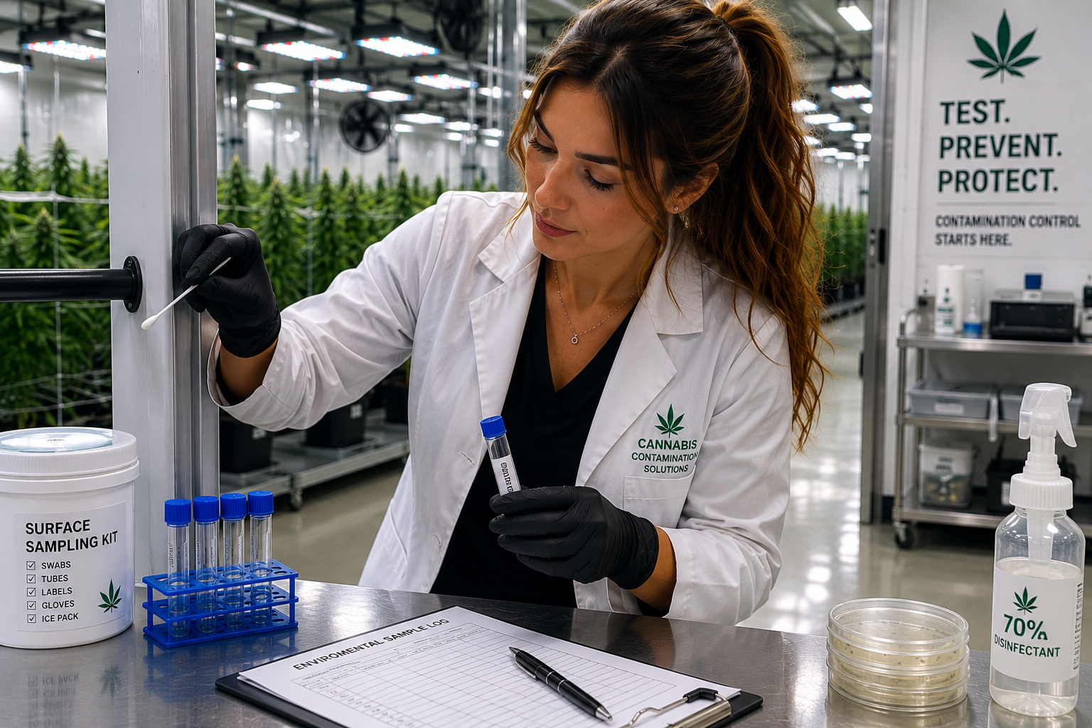 Cannabis contamination specialist collecting cultivation samples for microbial testing, pathogen investigations, contamination prevention, facility assessments, and quality assurance programs.