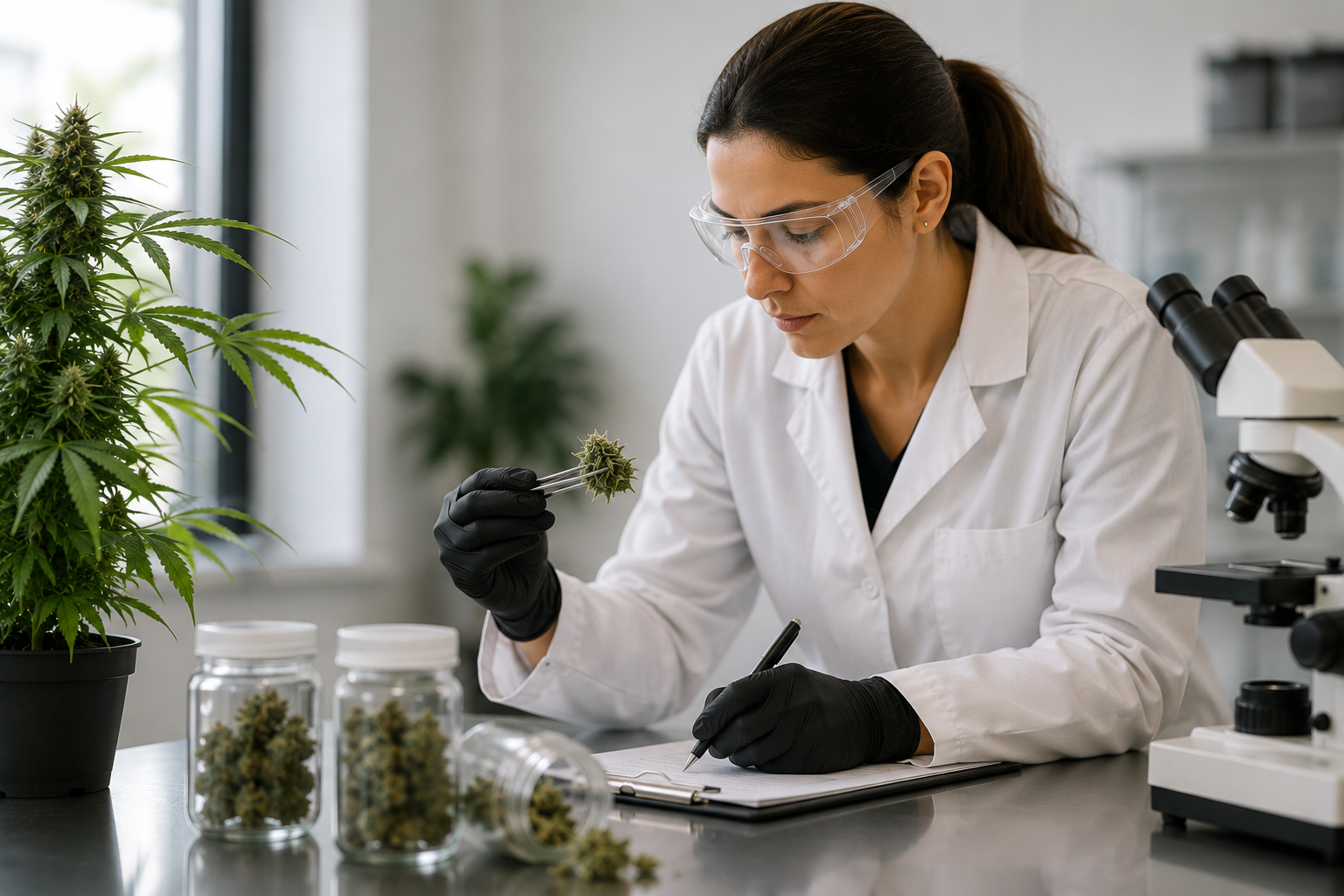 A scientist wearing safety goggles and black gloves examining a cannabis plant sample in a laboratory. There are cannabis plants, jars with cannabis buds, and laboratory equipment including a microscope on the table.