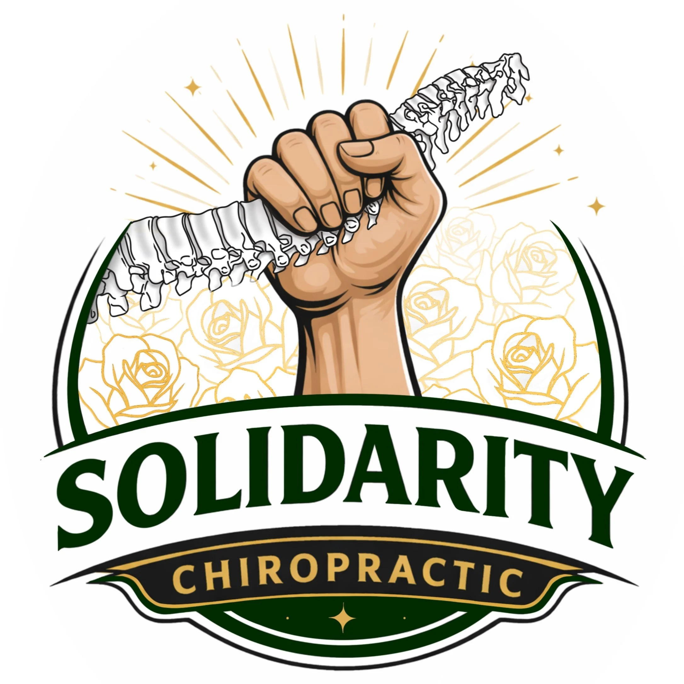 A logo featuring a hand holding a spine with the text 'Soutdary Chiropractic' and a background of roses and radiant lines.