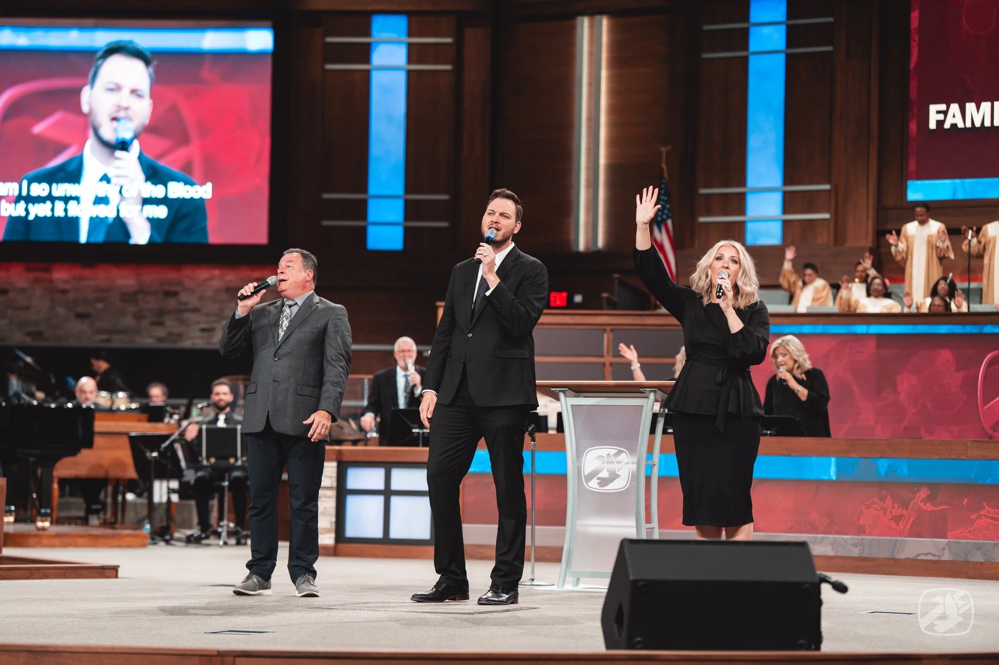 Randy Knaps, Joseph Larson, Grace Brumley trio during a Sunday Morning Service